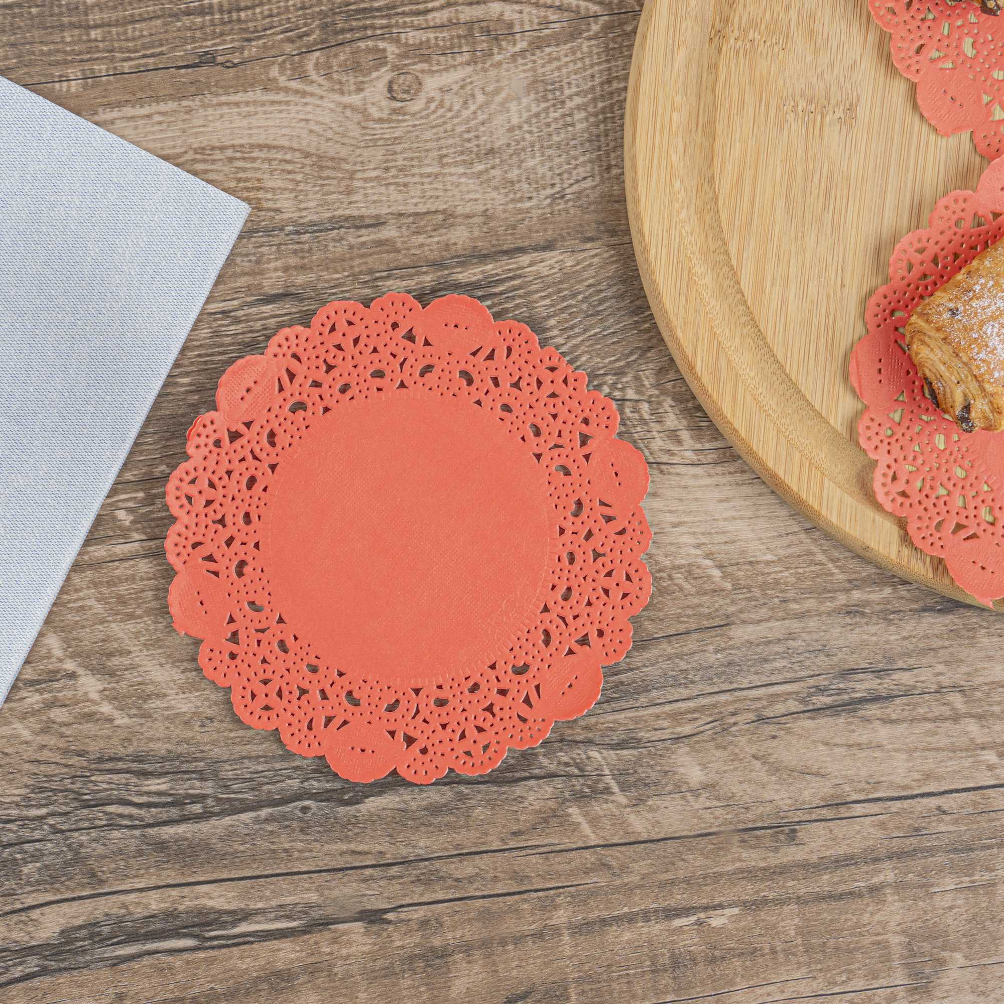 Pastry Tek Round Red Paper Doilies - Lace - 6" x 6" - 100 count box