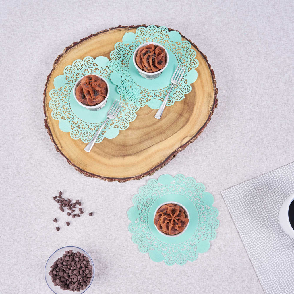 Pastry Tek Round Teal Paper Doilies - Lace - 6" x 6" - 100 count box