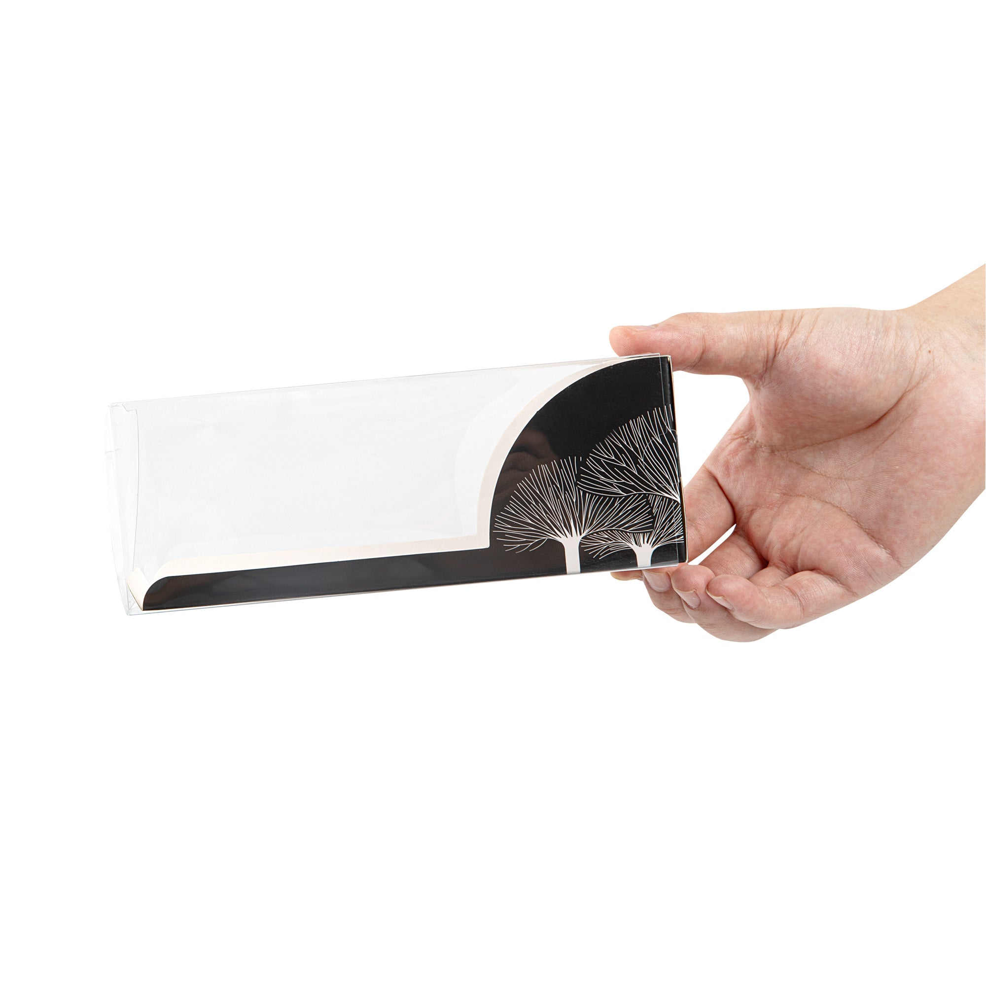 Sweet Vision Rectangle Clear Plastic Eclair Box - Black Paper Sleeve, Tree Accent - 7" x 2 1/2" x 2 1/2" - 100 count box