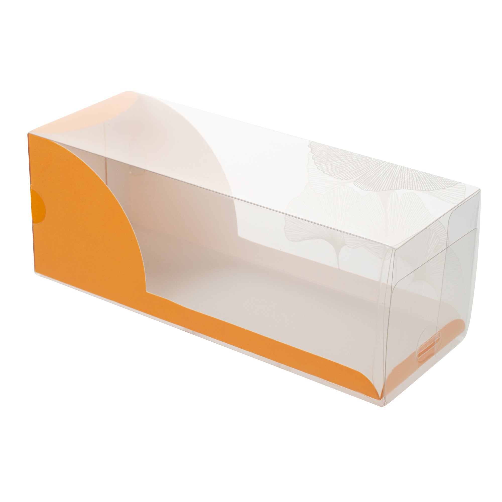 Sweet Vision Rectangle Clear Plastic Eclair Box - Orange Paper Sleeve, Leaf Accent - 7" x 2 1/2" x 2 1/2" - 100 count box