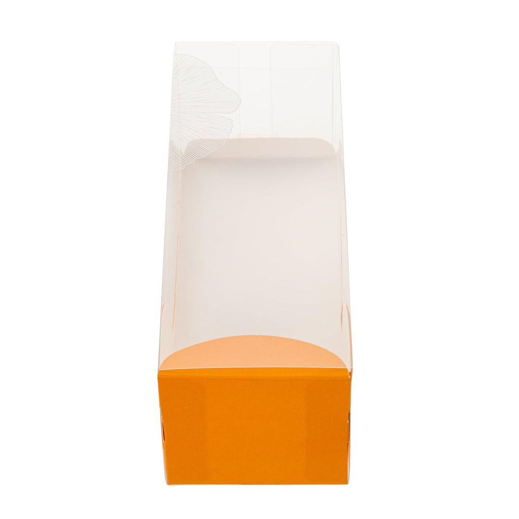 Sweet Vision Rectangle Clear Plastic Eclair Box - Orange Paper Sleeve, Leaf Accent - 7" x 2 1/2" x 2 1/2" - 100 count box