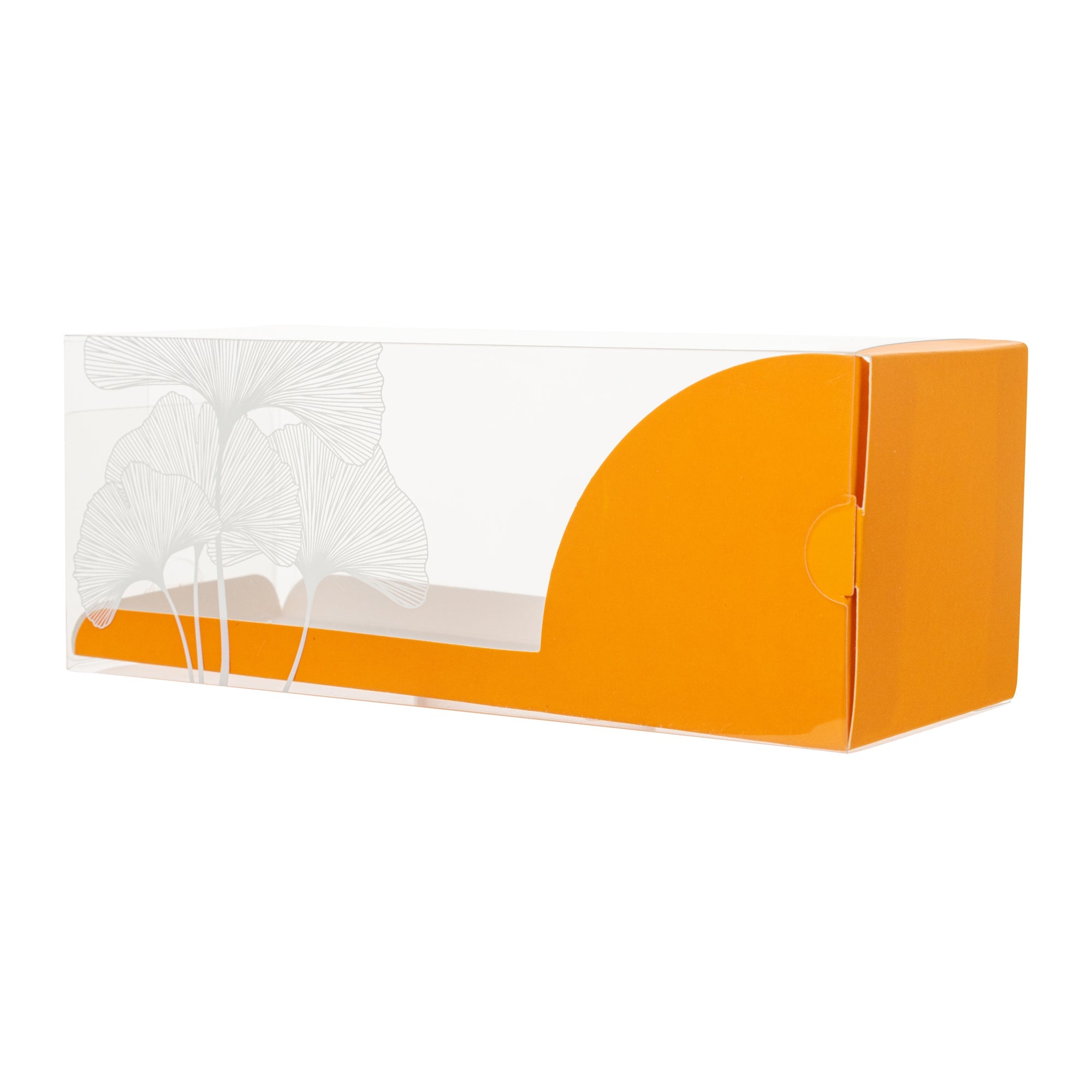 Sweet Vision Rectangle Clear Plastic Eclair Box - Orange Paper Sleeve, Leaf Accent - 7" x 2 1/2" x 2 1/2" - 100 count box