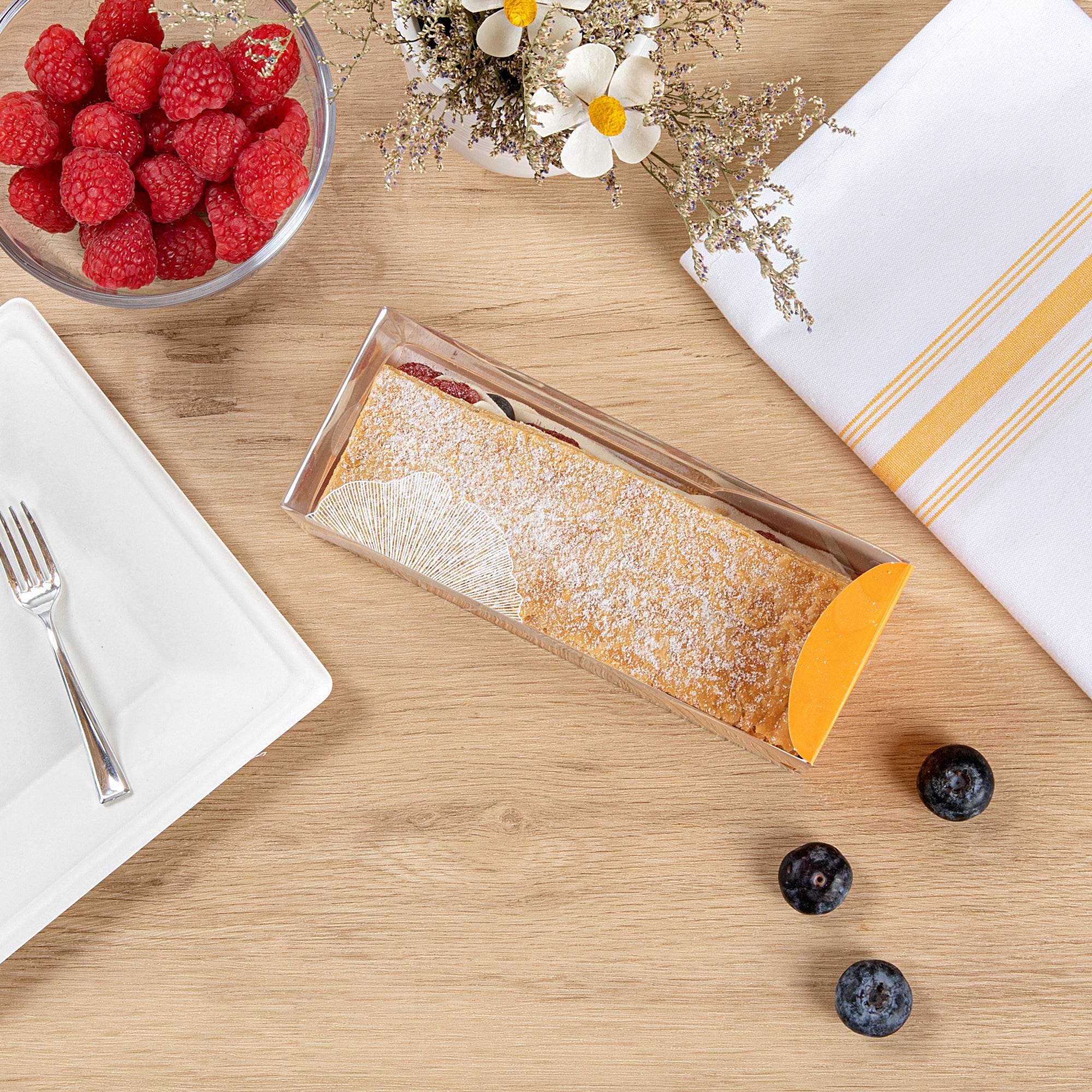 Sweet Vision Rectangle Clear Plastic Eclair Box - Orange Paper Sleeve, Leaf Accent - 7" x 2 1/2" x 2 1/2" - 100 count box