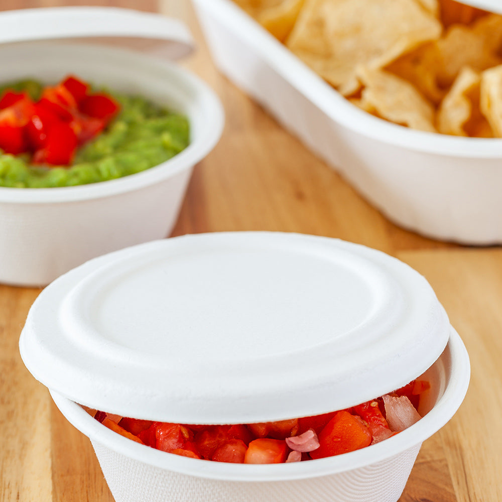 Pulp Tek Round White Sugarcane / Bagasse Flat Lid - Fits 9 oz Take Out Bowl - 100 count box