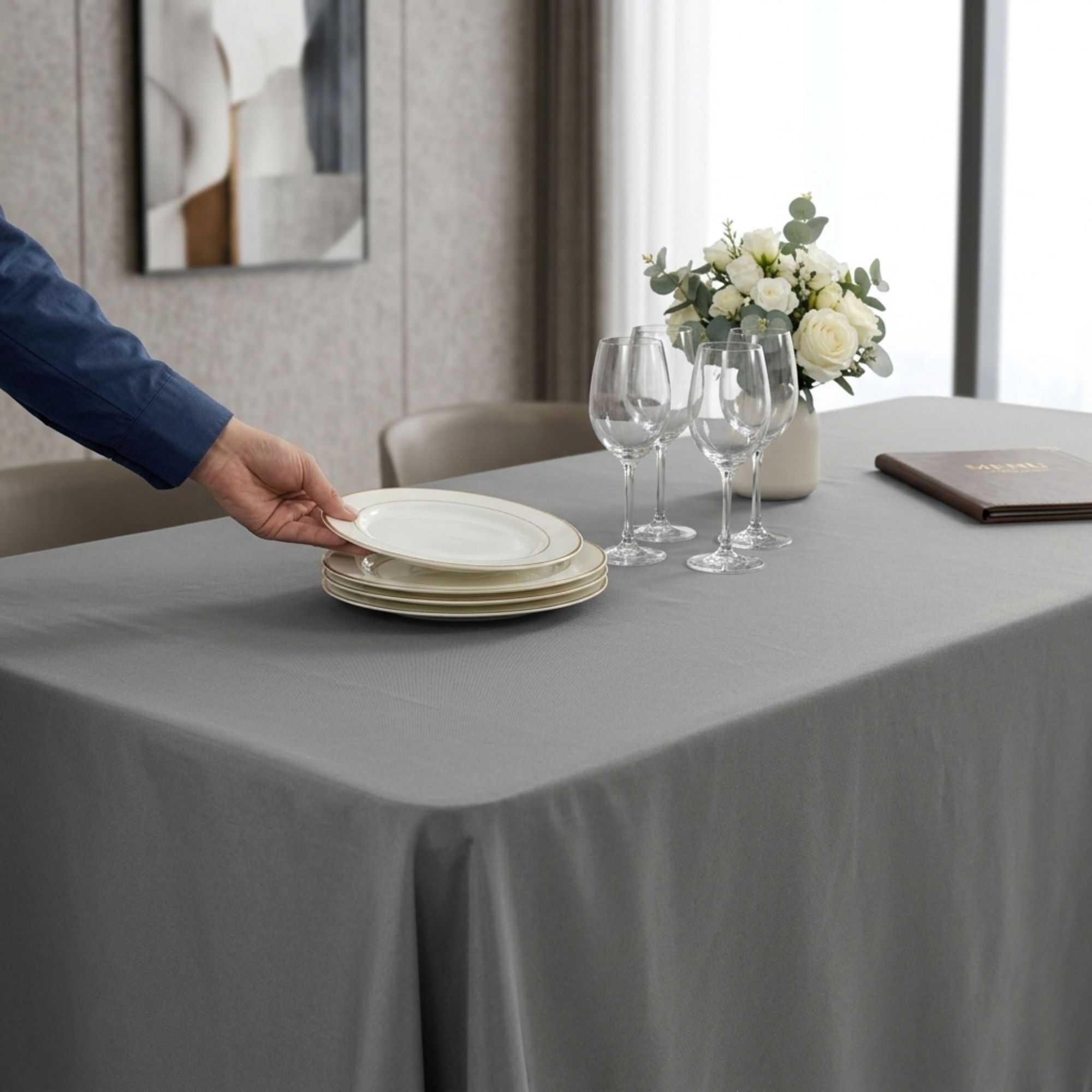 Table Tek Rectangle Gray Polyester Cloth Table Cover - Hemmed - 90" x 132" - 10 count box