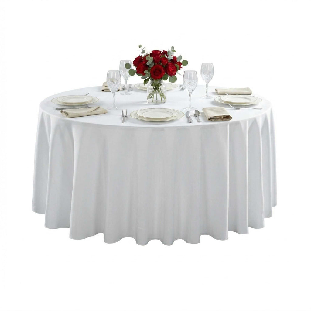 Table Tek Round White Polyester Cloth Table Cover - Hemmed - 120" - 10 count box