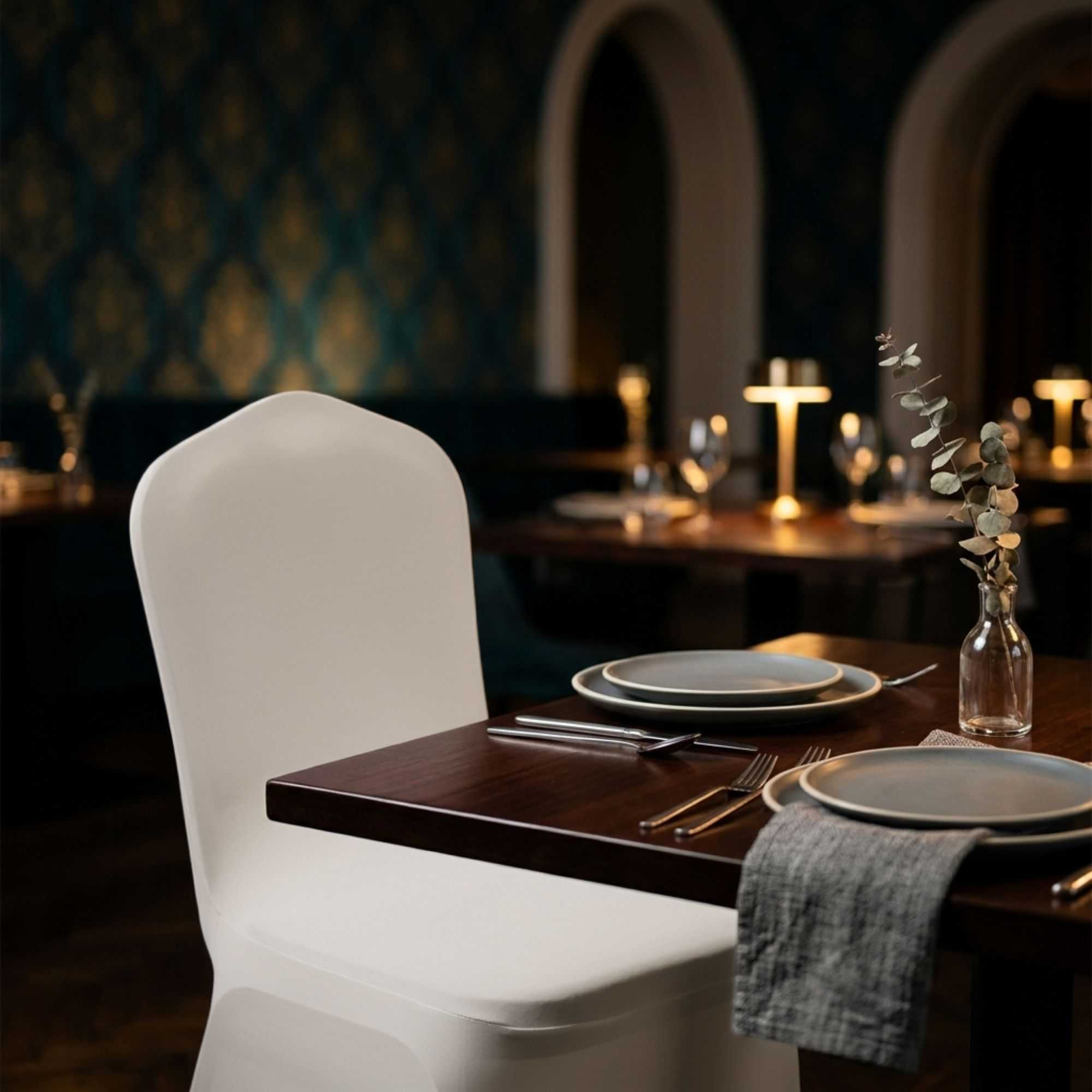 Table Tek White Spandex Banquet Chair Cover - Universal, Stretch - 10 count box