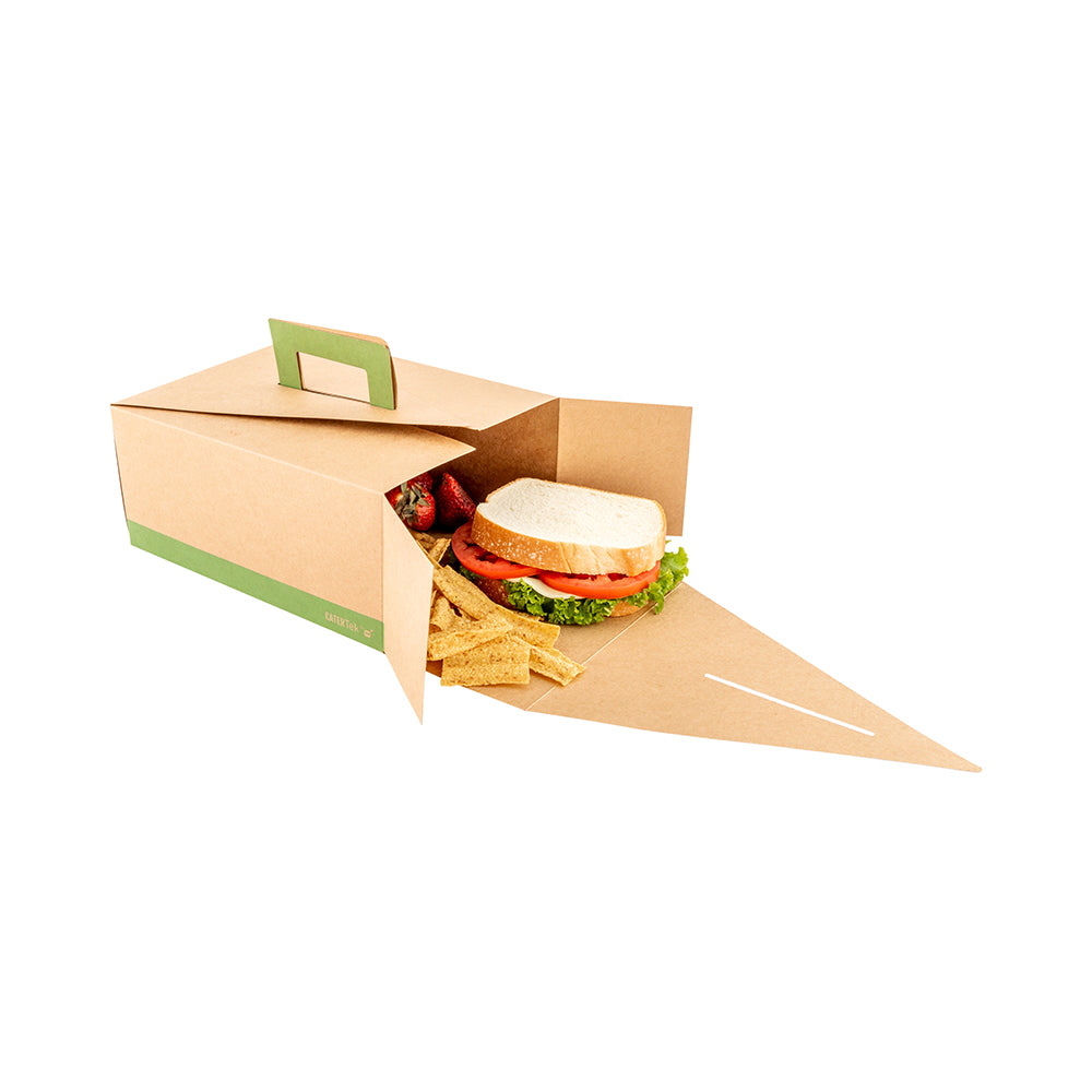 Cater Tek Rectangle Kraft and Green Paper Take Out Container - with Handle - 9" x 7" x 3" - 100 count box