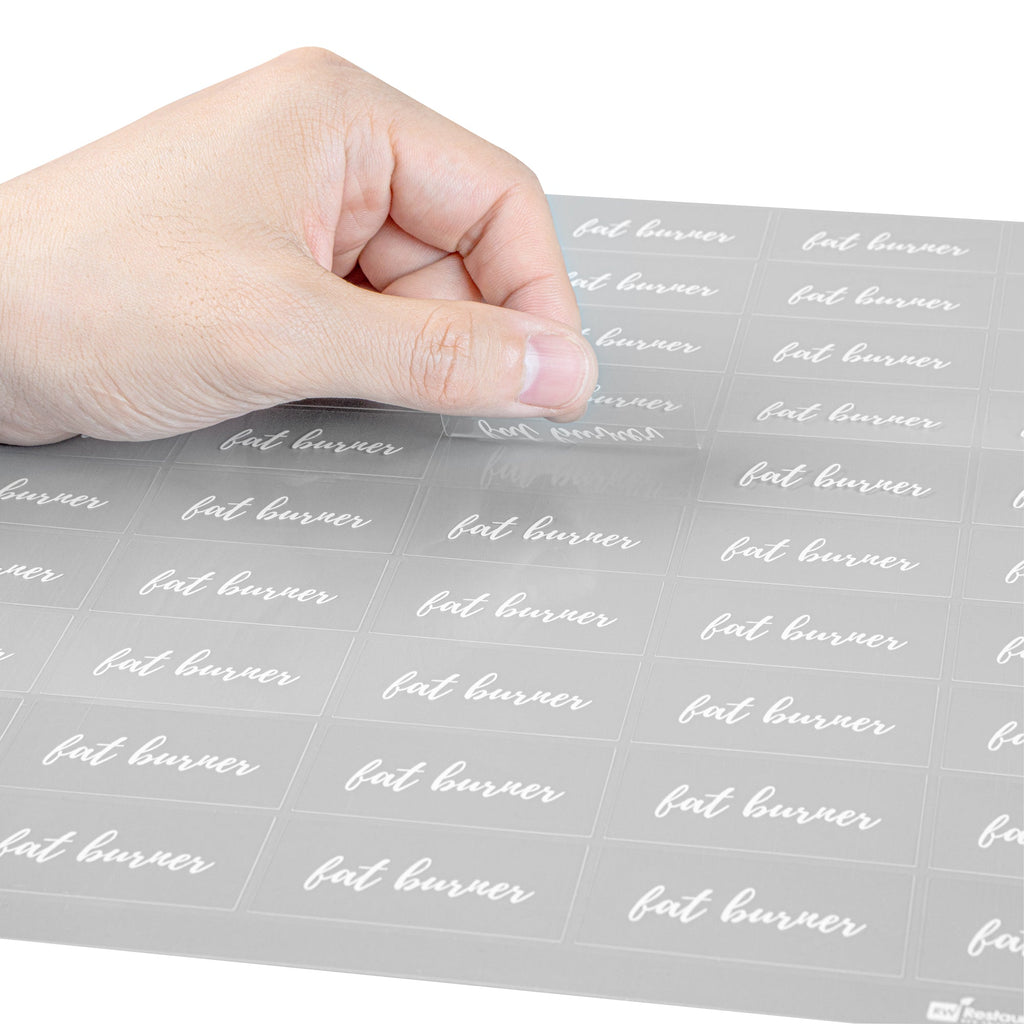 Label Tek Plastic Fat Burner Label - Clear with White Font, Water-Resistant - 2" x 1" - 100 count box