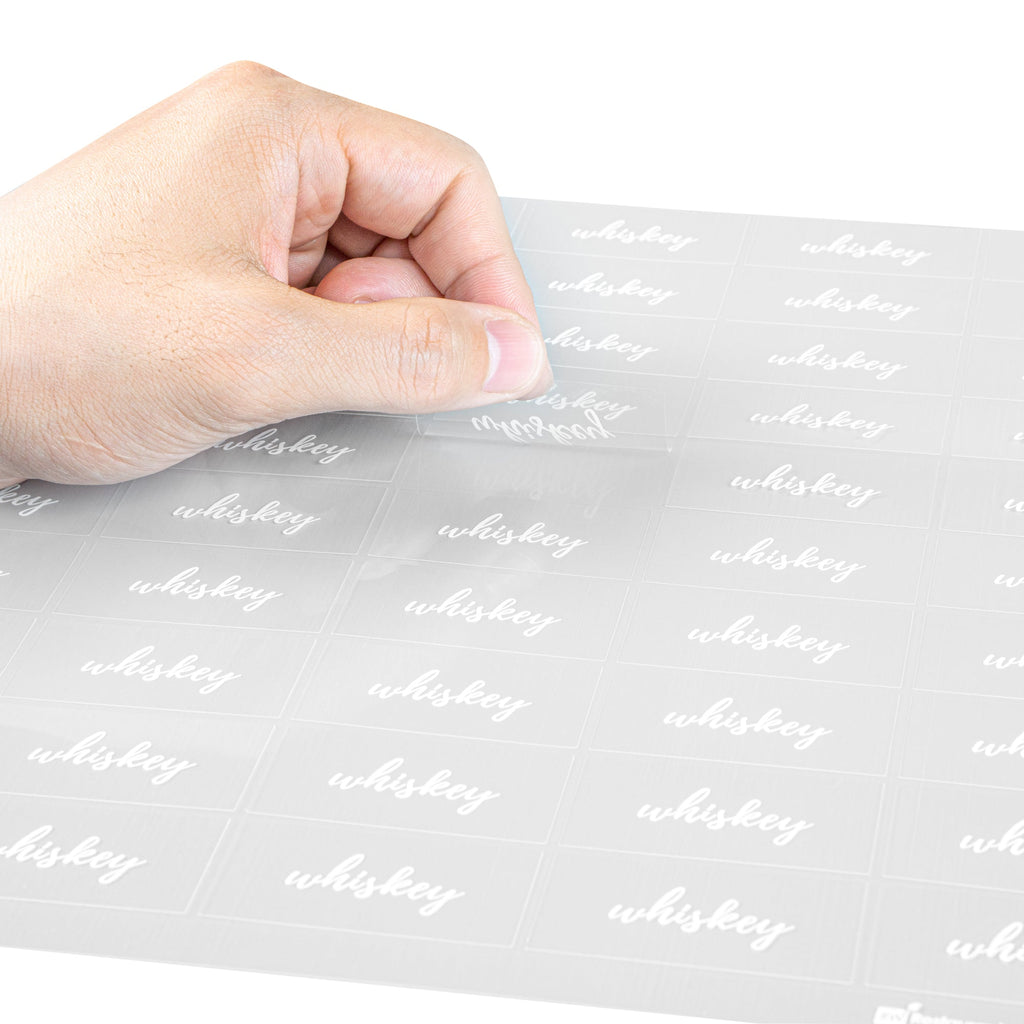 Label Tek Plastic Whiskey Label - Clear with White Font, Water-Resistant - 2" x 1" - 100 count box