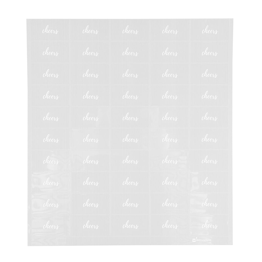 Label Tek Plastic Cheers Label - Clear with White Font, Water-Resistant - 2" x 1" - 100 count box