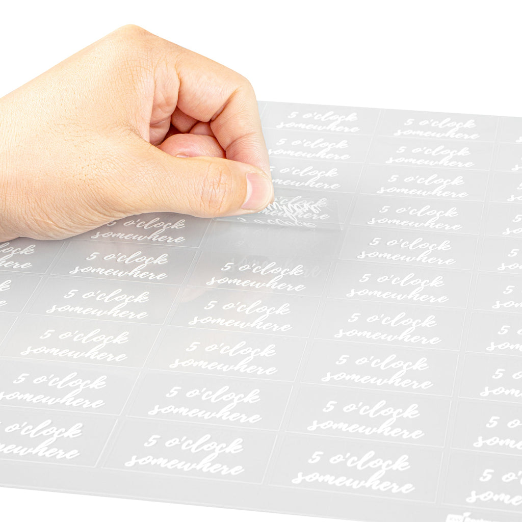 Label Tek Plastic 5 O'Clock Somewhere Label - Clear with White Font, Water-Resistant - 2" x 1" - 100 count box