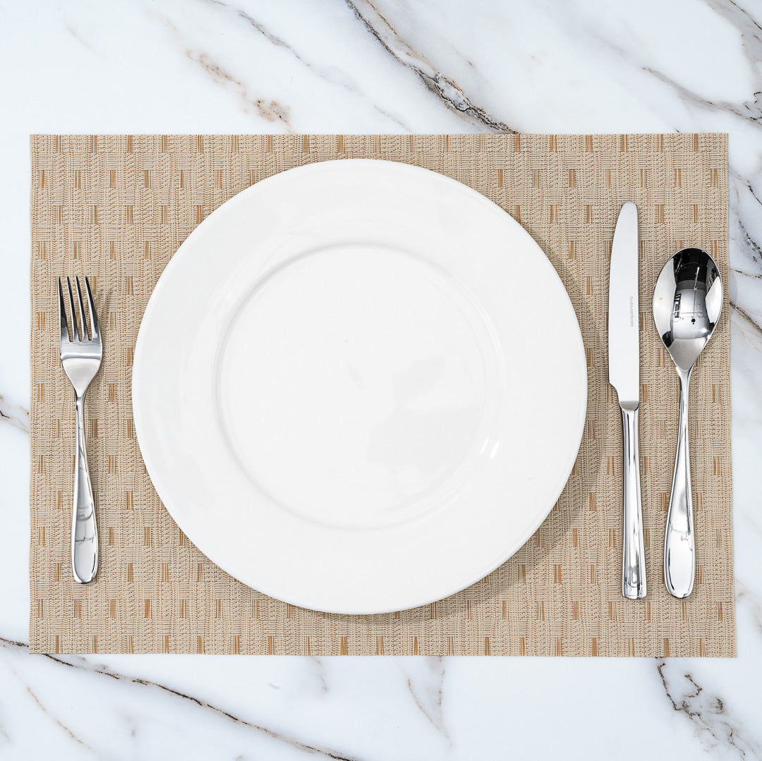 Speculo Rectangle Tan Vinyl Woven Placemat - Wave Pattern - 16" x 12" - 6 count box