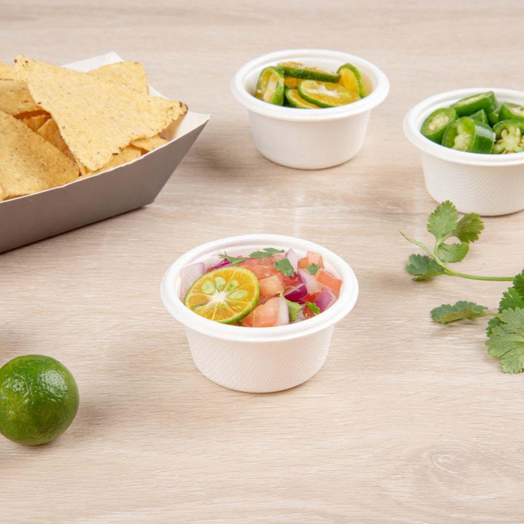 Pulp Tek 2 oz Round White Bagasse Take Out Portion Cup - 2 1/2" x 2 1/2" x 1 1/2" - 2000 count box