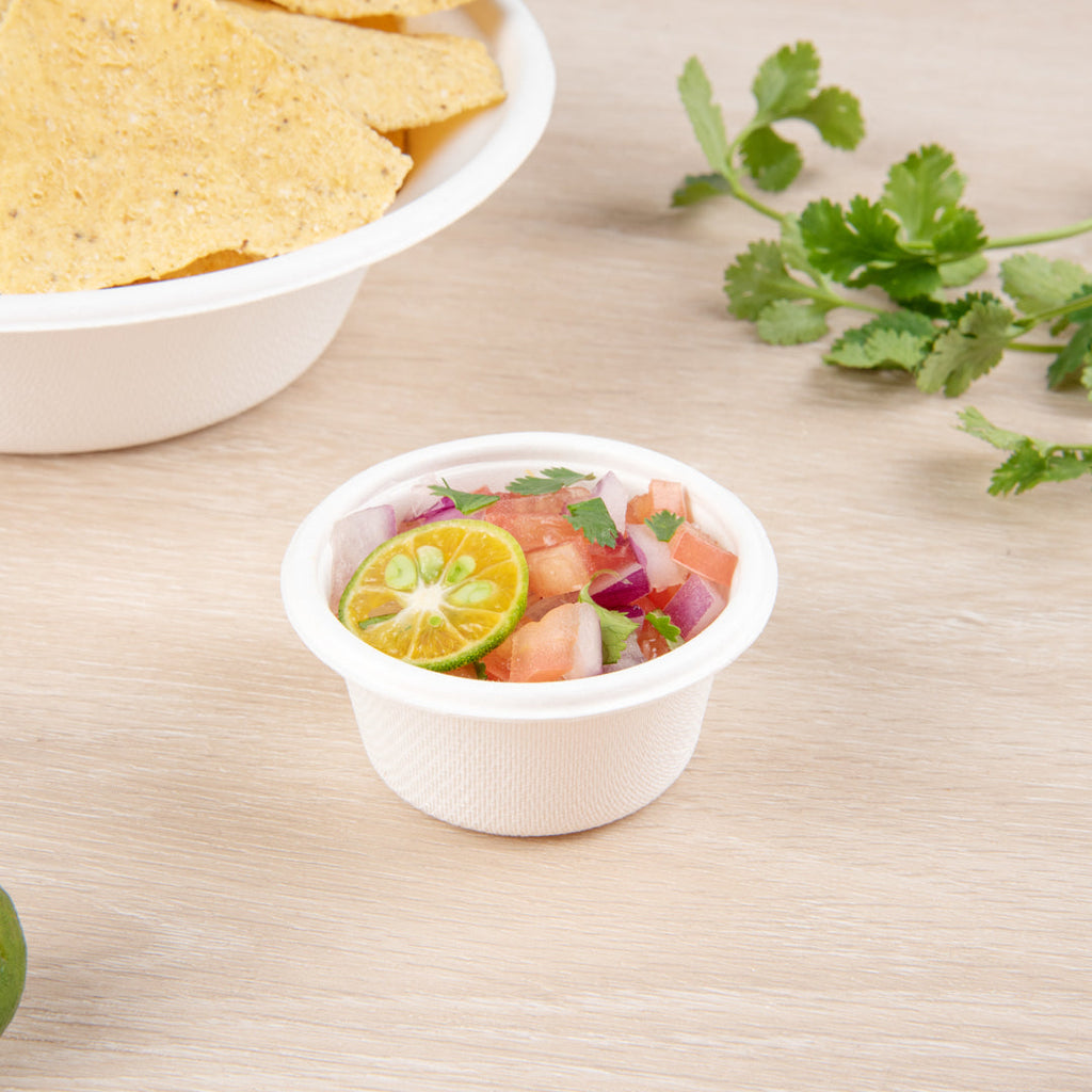 Pulp Tek 2 oz Round White Bagasse Take Out Portion Cup - 2 1/2" x 2 1/2" x 1 1/2" - 2000 count box