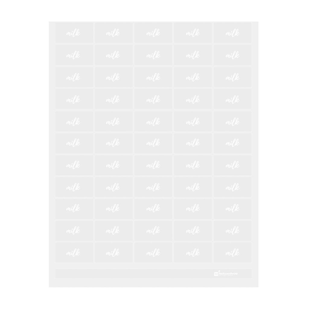 Label Tek Plastic Milk Label - Clear with White Font, Water-Resistant - 2" x 1" - 100 count box