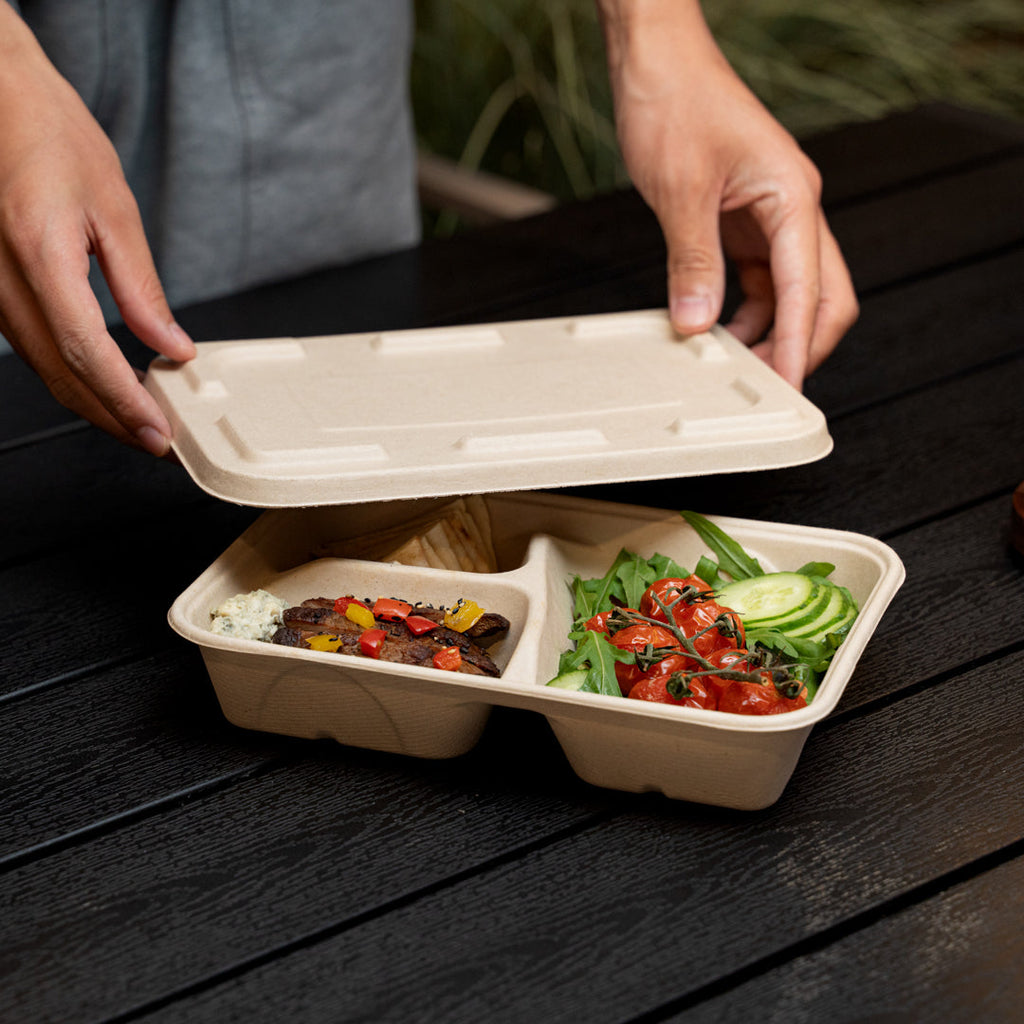Pulp Tek Rectangle Natural Sugarcane / Bagasse Flat Lid - Fits To Go Container - 100 count box