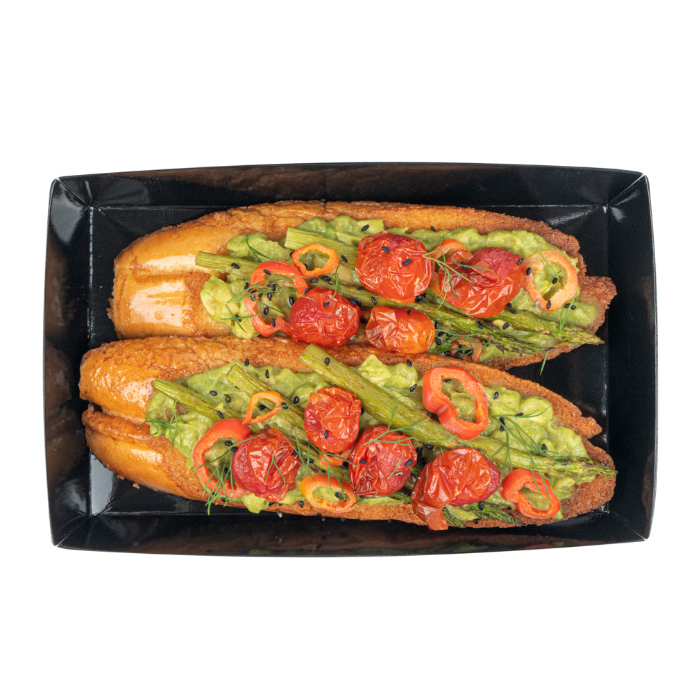 Matsuri Vision Rectangle Black Paper Medium Sushi Tray - 8" x 5" x 1 1/2" - 100 count box