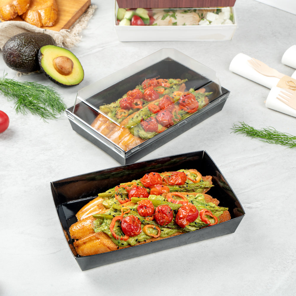 Matsuri Vision Rectangle Black Paper Medium Sushi Tray - 8" x 5" x 1 1/2" - 100 count box