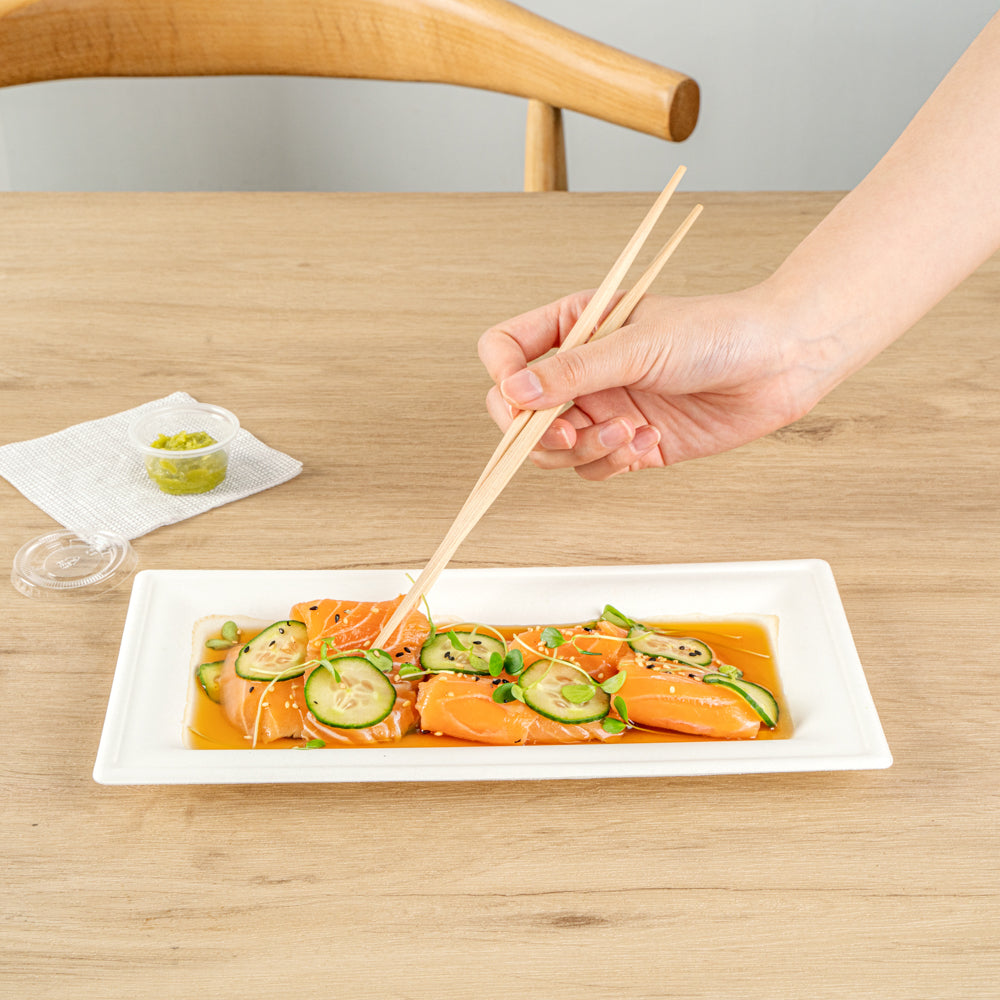 Pulp Safe No PFAS Added Rectangle White Sugarcane / Bagasse Plate - Home Compostable - 10" x 5" x 1/2" - 100 count box