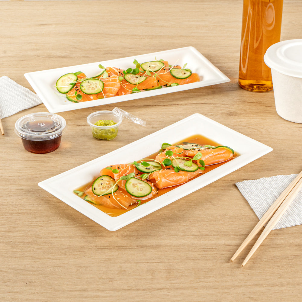 Pulp Safe No PFAS Added Rectangle White Sugarcane / Bagasse Plate - Home Compostable - 10" x 5" x 1/2" - 100 count box
