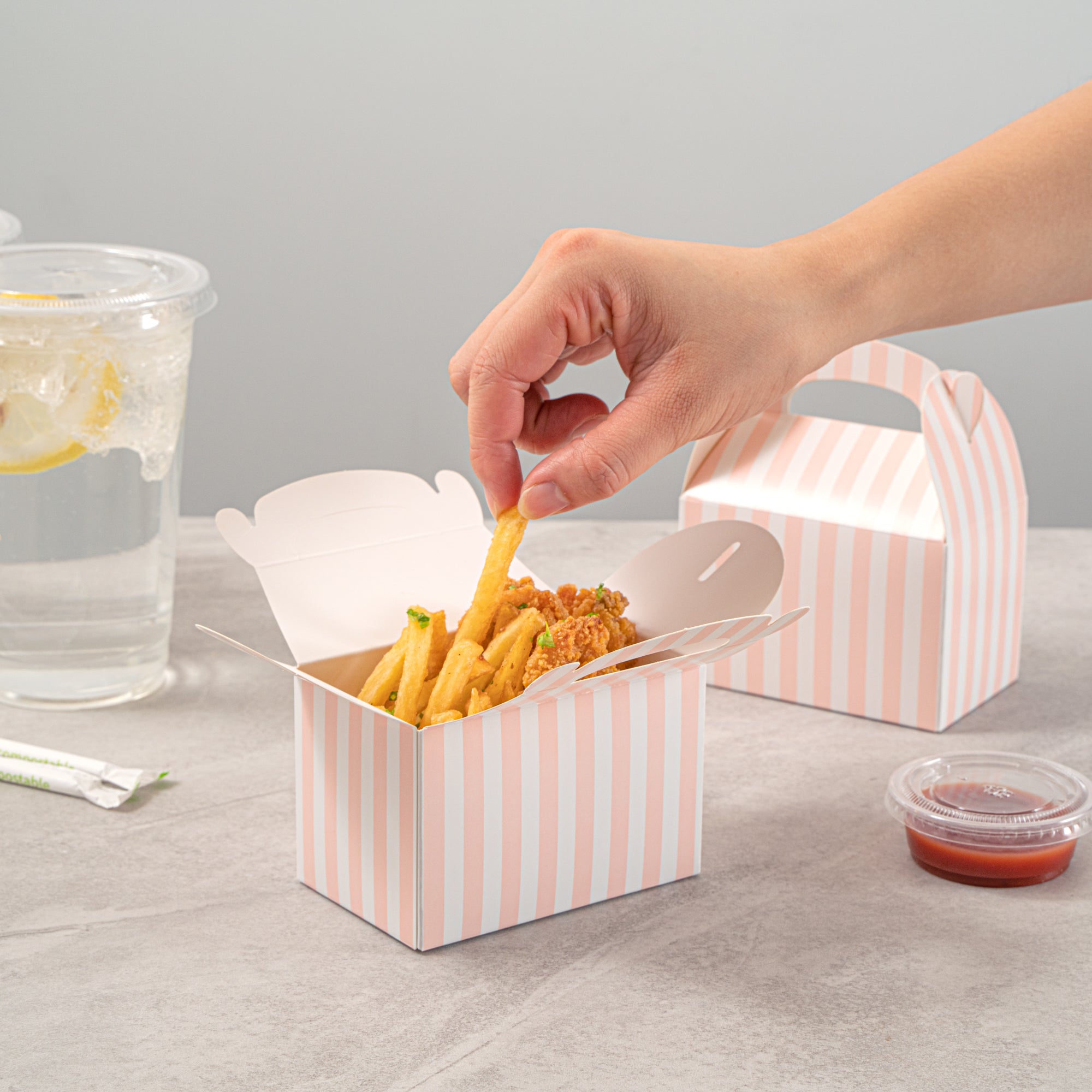 Bio Tek Pink & White Stripe Paper Gable Box / Take Out Container - Compostable - 4" x 2 1/2" x 2 1/2" - 100 count box