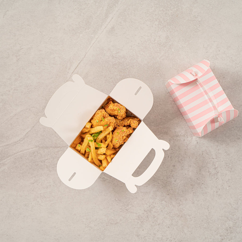 Bio Tek Pink & White Stripe Paper Gable Box / Take Out Container - Compostable - 4" x 2 1/2" x 2 1/2" - 100 count box