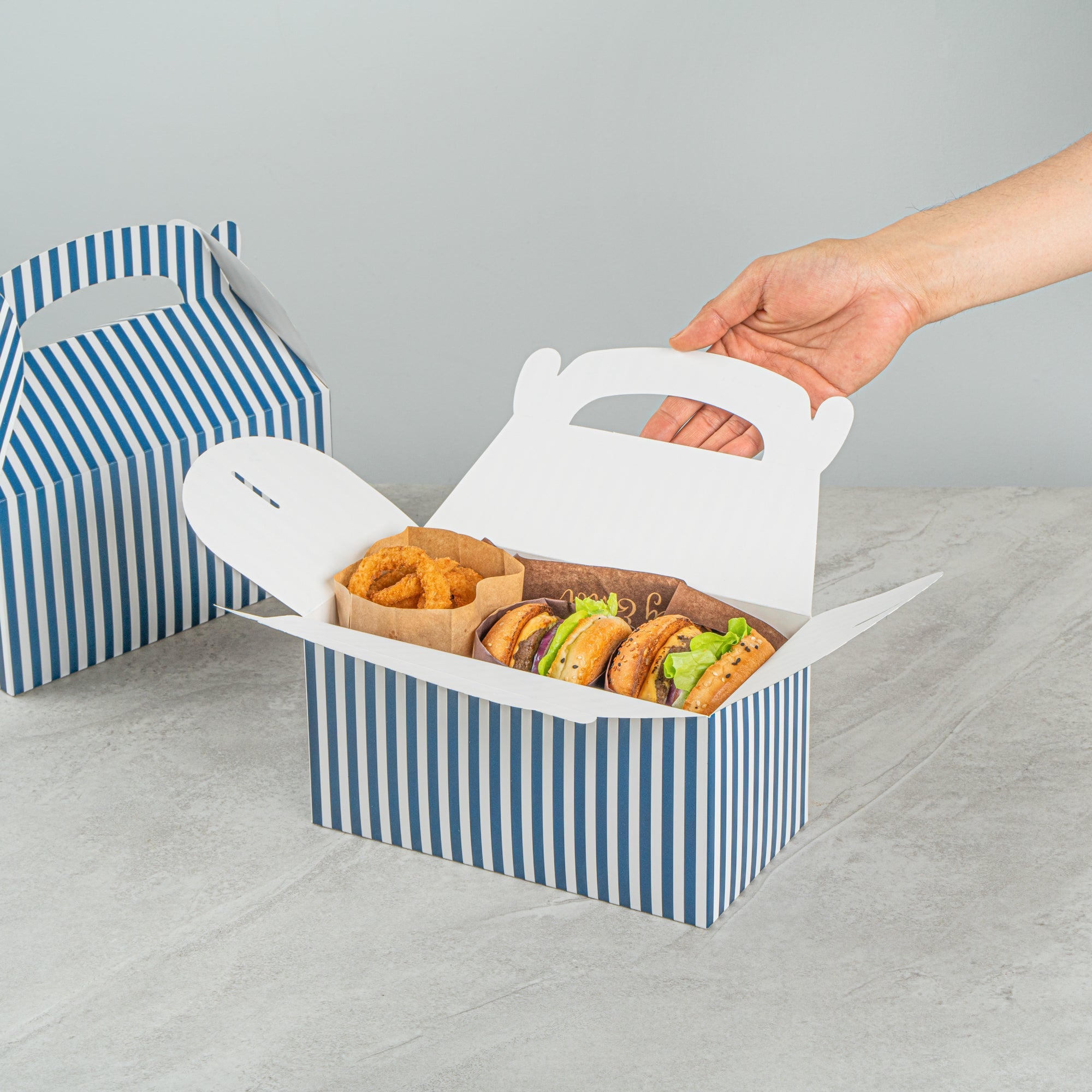 Bio Tek Blue & White Stripe Paper Gable Box / Take Out Container - Compostable - 9 1/2" x 5" x 5" - 100 count box