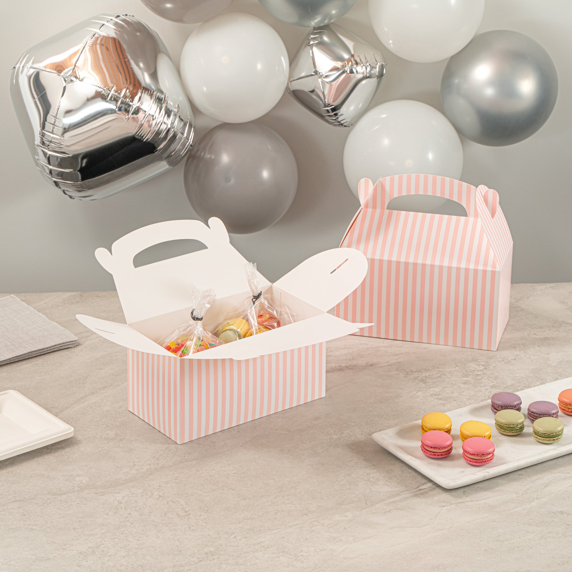 Bio Tek Pink & White Stripe Paper Gable Box / Take Out Container - Compostable - 9 1/2" x 5" x 5" - 100 count box
