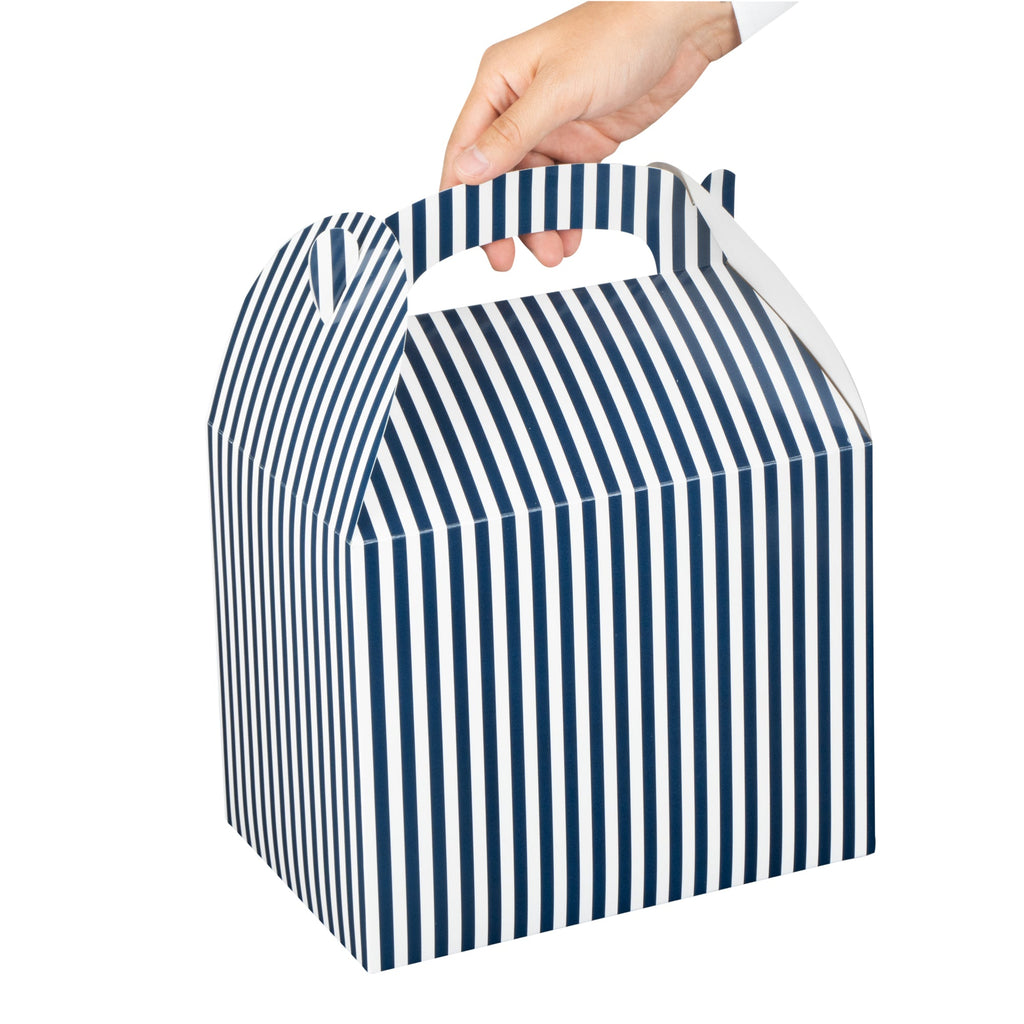 Bio Tek Blue and White Stripe Paper Gable Box / Take Out Container - Compostable - 10" x 7" x 8" - 25 count box