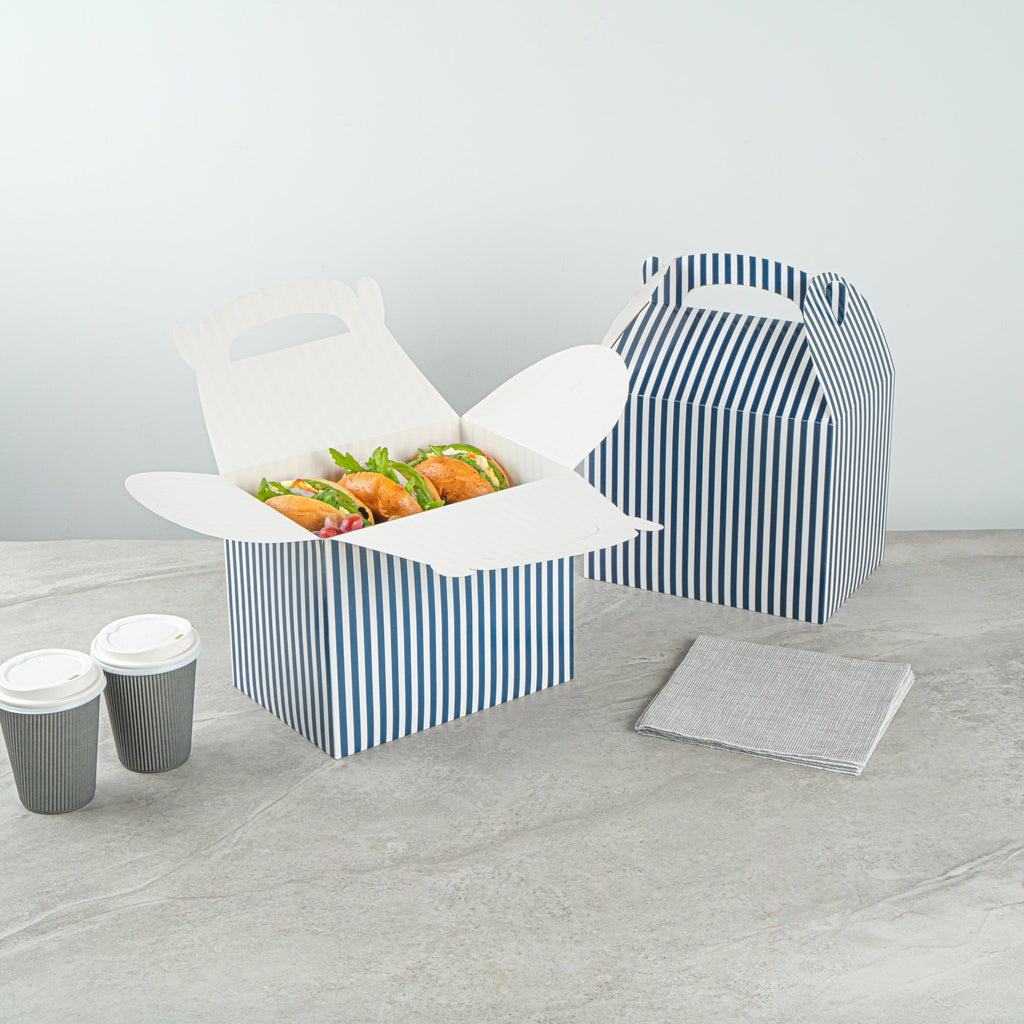 Bio Tek Blue and White Stripe Paper Gable Box / Take Out Container - Compostable - 10" x 7" x 8" - 25 count box