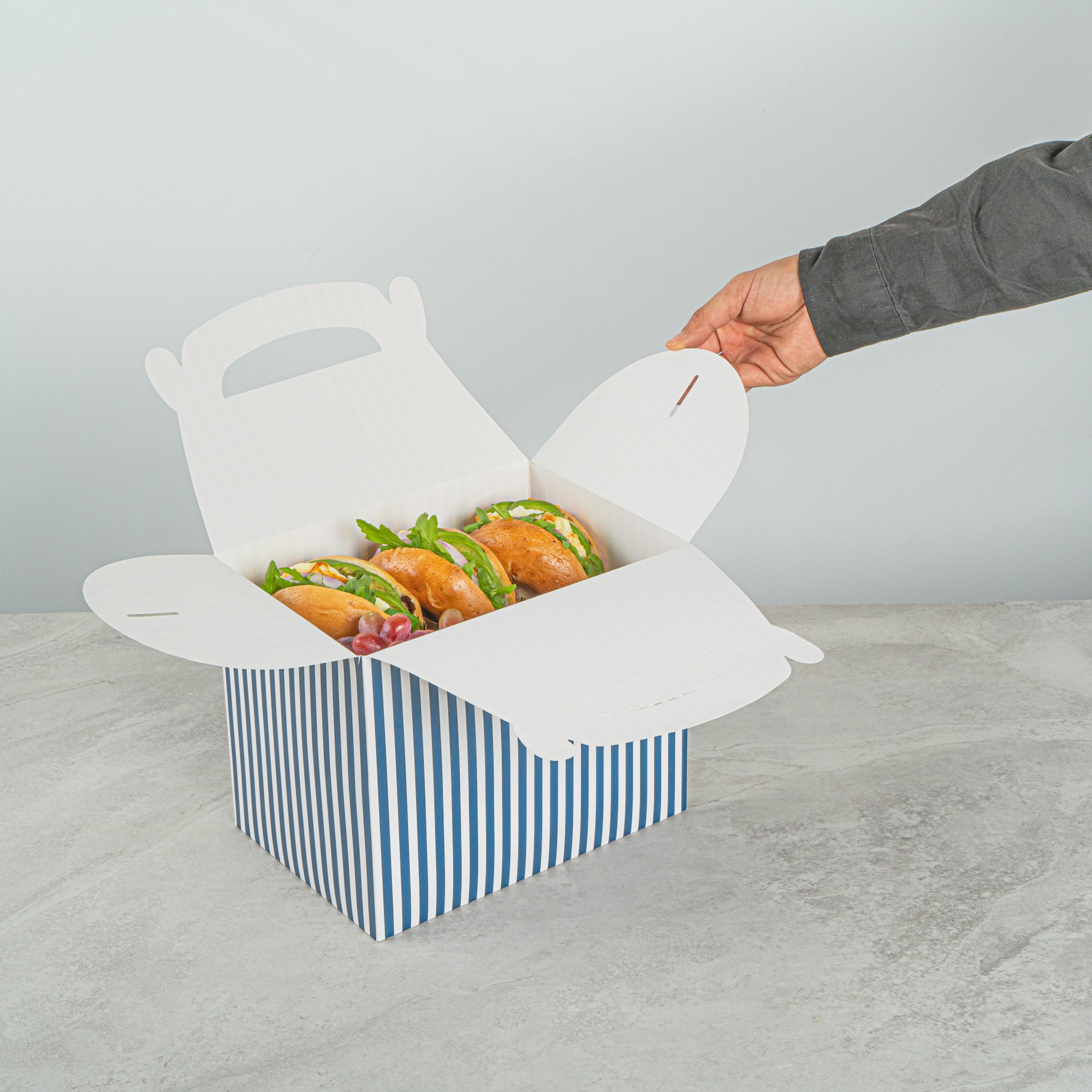 Bio Tek Blue and White Stripe Paper Gable Box / Take Out Container - Compostable - 10" x 7" x 8" - 25 count box