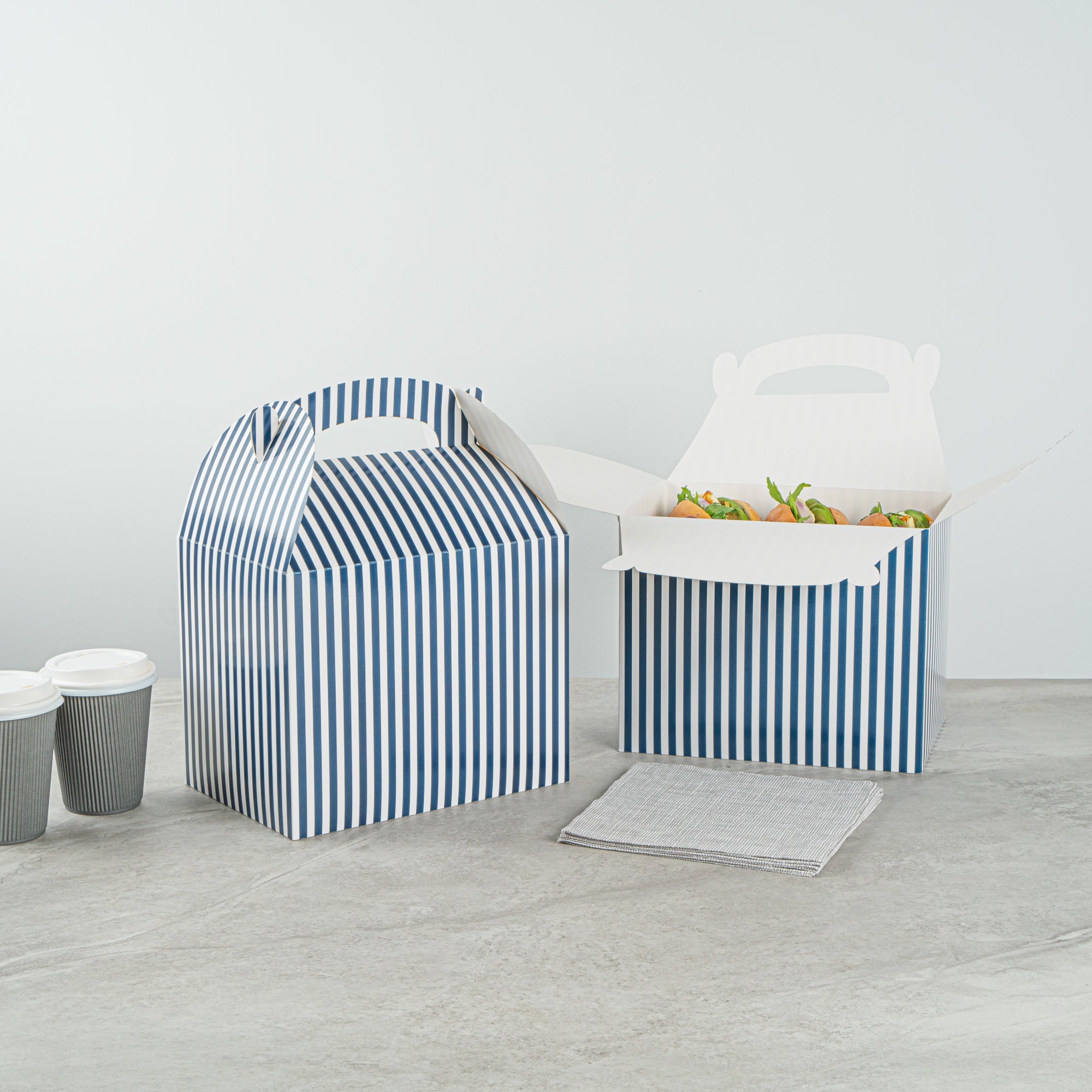 Bio Tek Blue and White Stripe Paper Gable Box / Take Out Container - Compostable - 10" x 7" x 8" - 25 count box