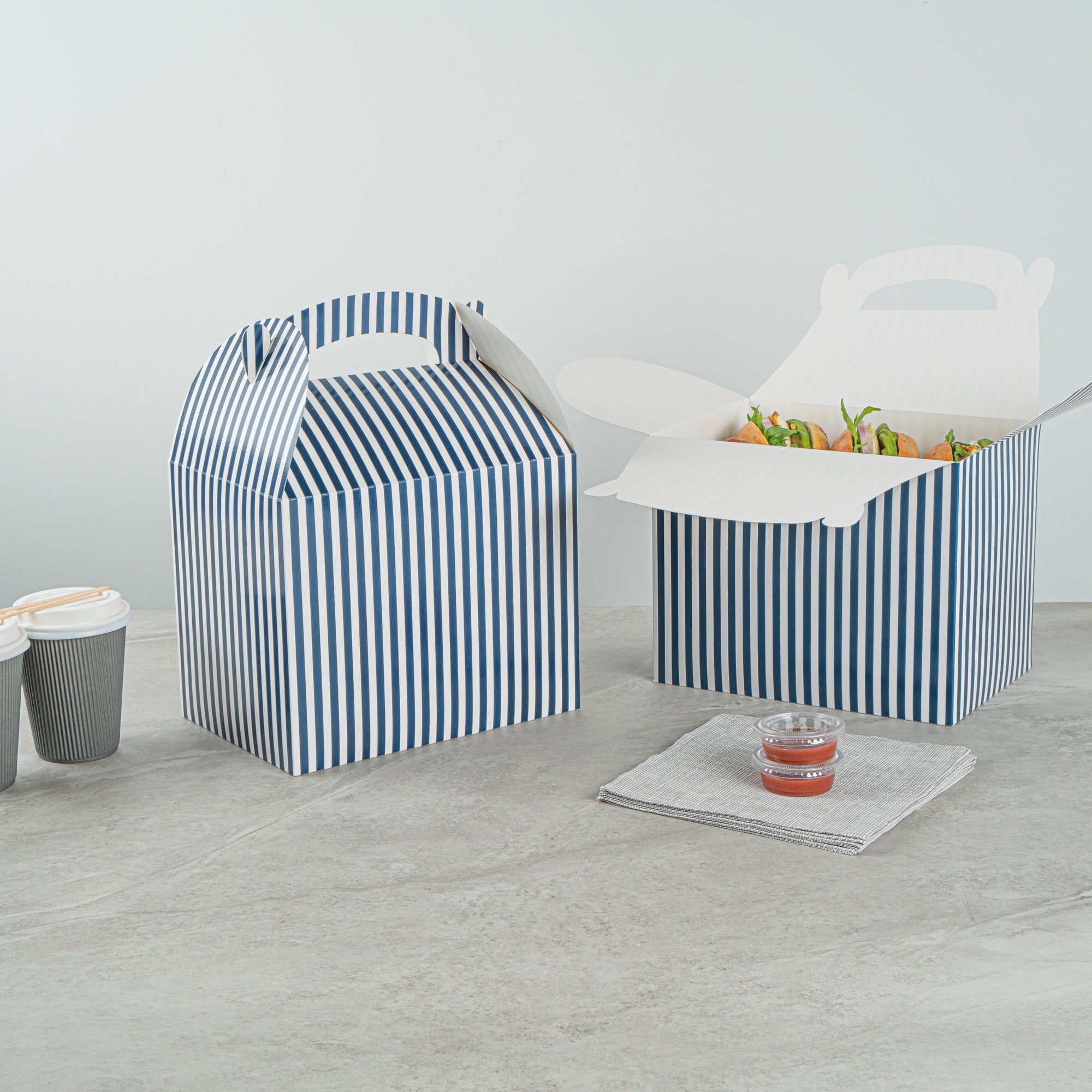 Bio Tek Blue and White Stripe Paper Gable Box / Take Out Container - Compostable - 10" x 7" x 8" - 25 count box