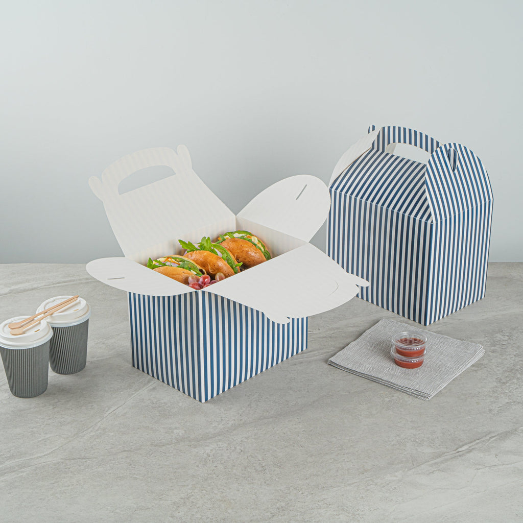 Bio Tek Blue and White Stripe Paper Gable Box / Take Out Container - Compostable - 10" x 7" x 8" - 100 count box