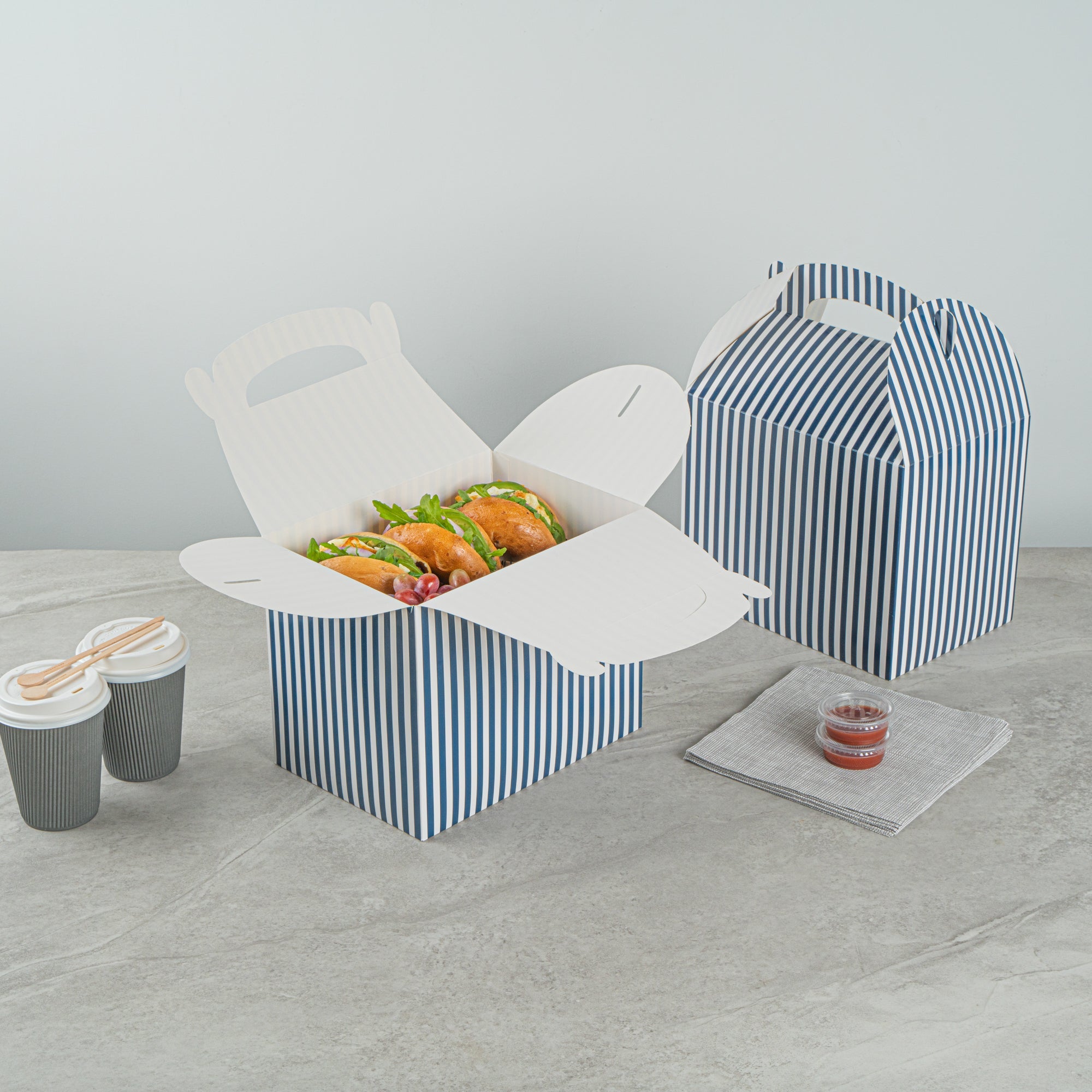 Bio Tek Blue and White Stripe Paper Gable Box / Take Out Container - Compostable - 10" x 7" x 8" - 100 count box