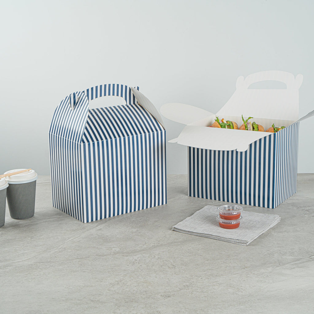 Bio Tek Blue and White Stripe Paper Gable Box / Take Out Container - Compostable - 10" x 7" x 8" - 100 count box