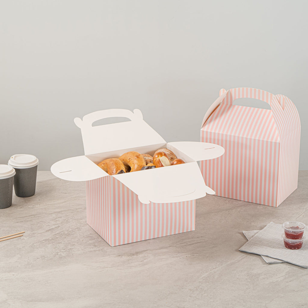 Bio Tek Pink and White Stripe Paper Gable Box / Take Out Container - Compostable - 10" x 7" x 8" - 100 count box