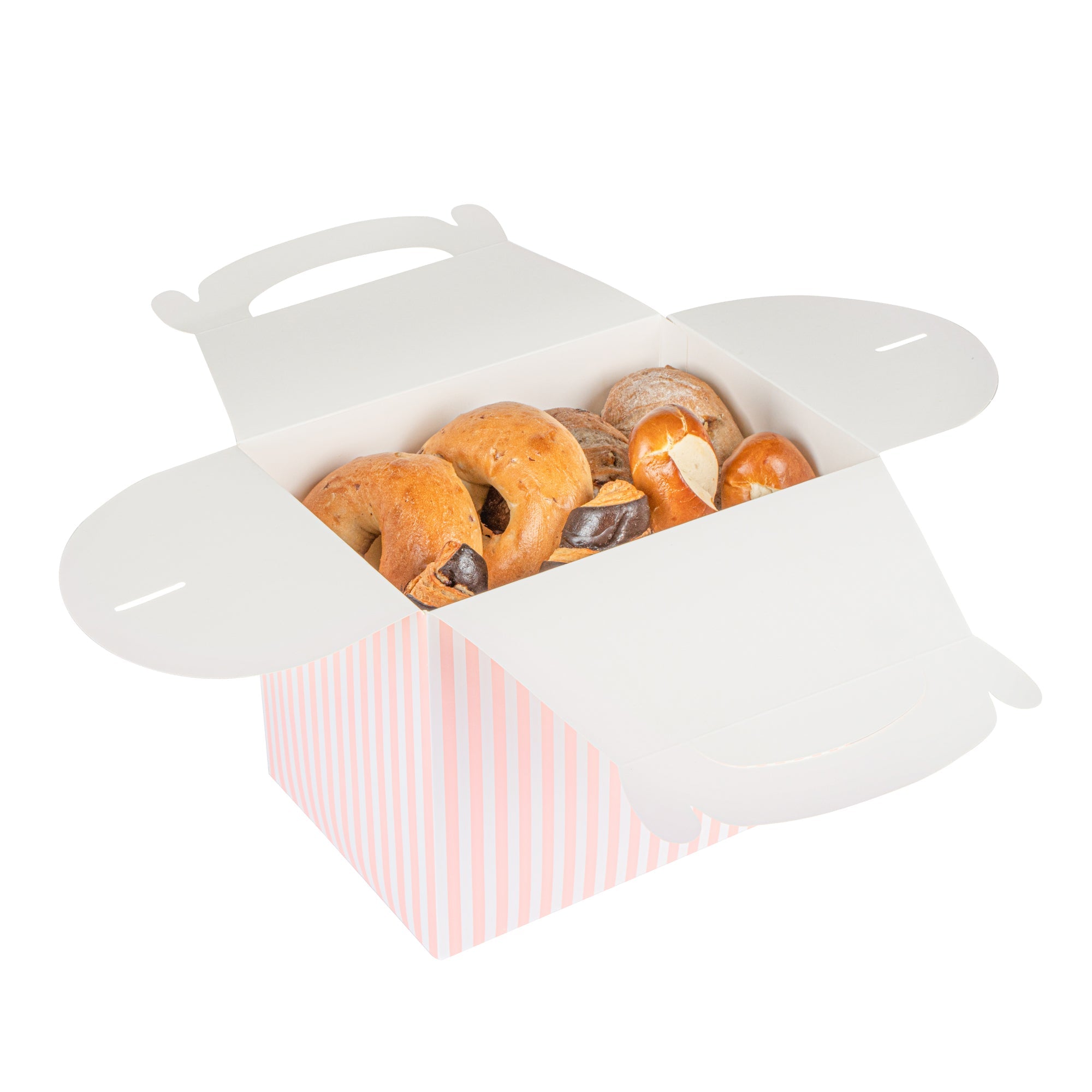 Bio Tek Pink and White Stripe Paper Gable Box / Take Out Container - Compostable - 10" x 7" x 8" - 100 count box