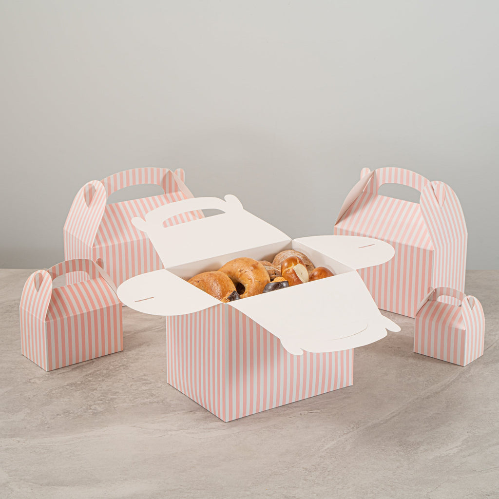 Bio Tek Pink and White Stripe Paper Gable Box / Take Out Container - Compostable - 10" x 7" x 8" - 100 count box