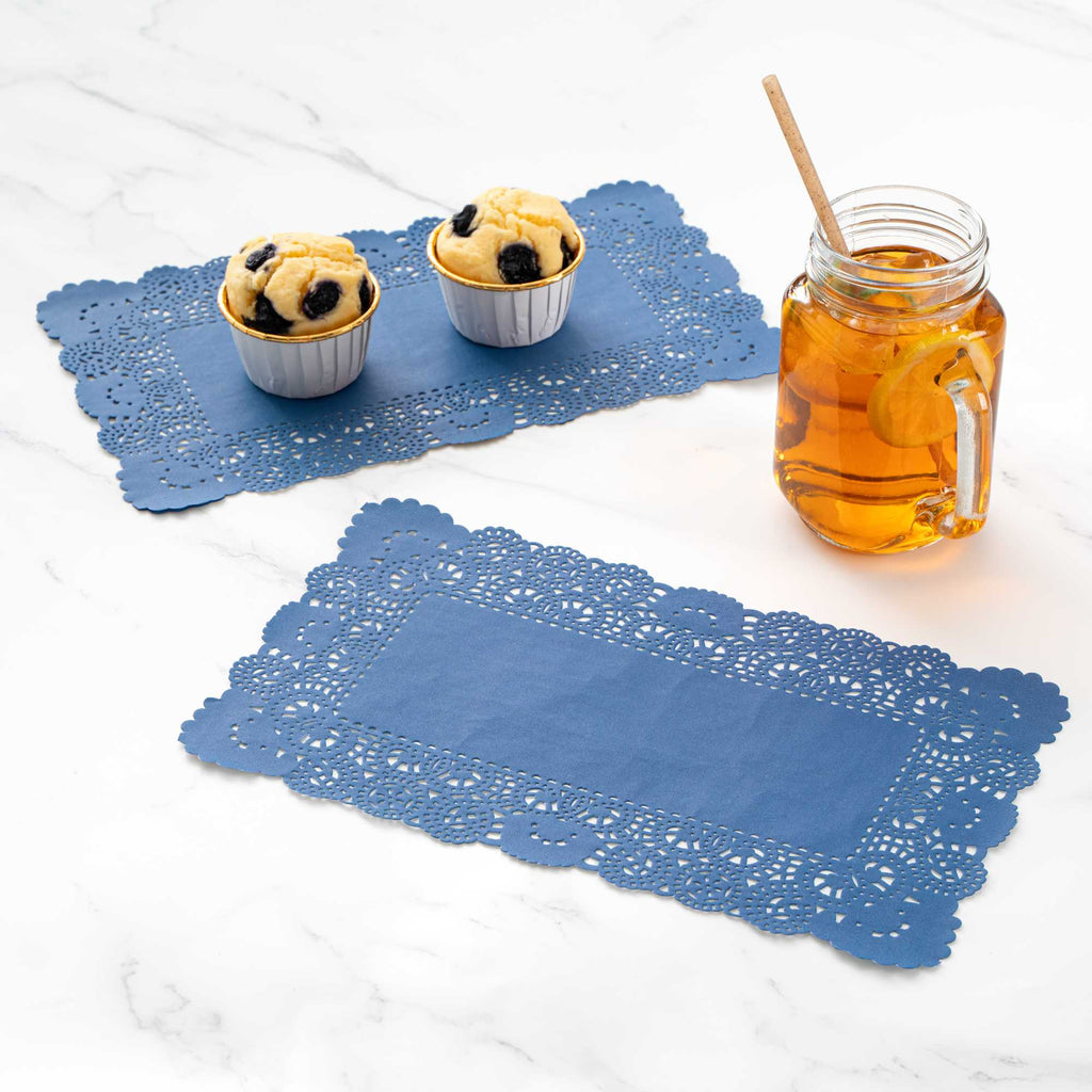 Pastry Tek Rectangle Navy Blue Paper Doilies - Lace - 12" x 7" - 4000 count box