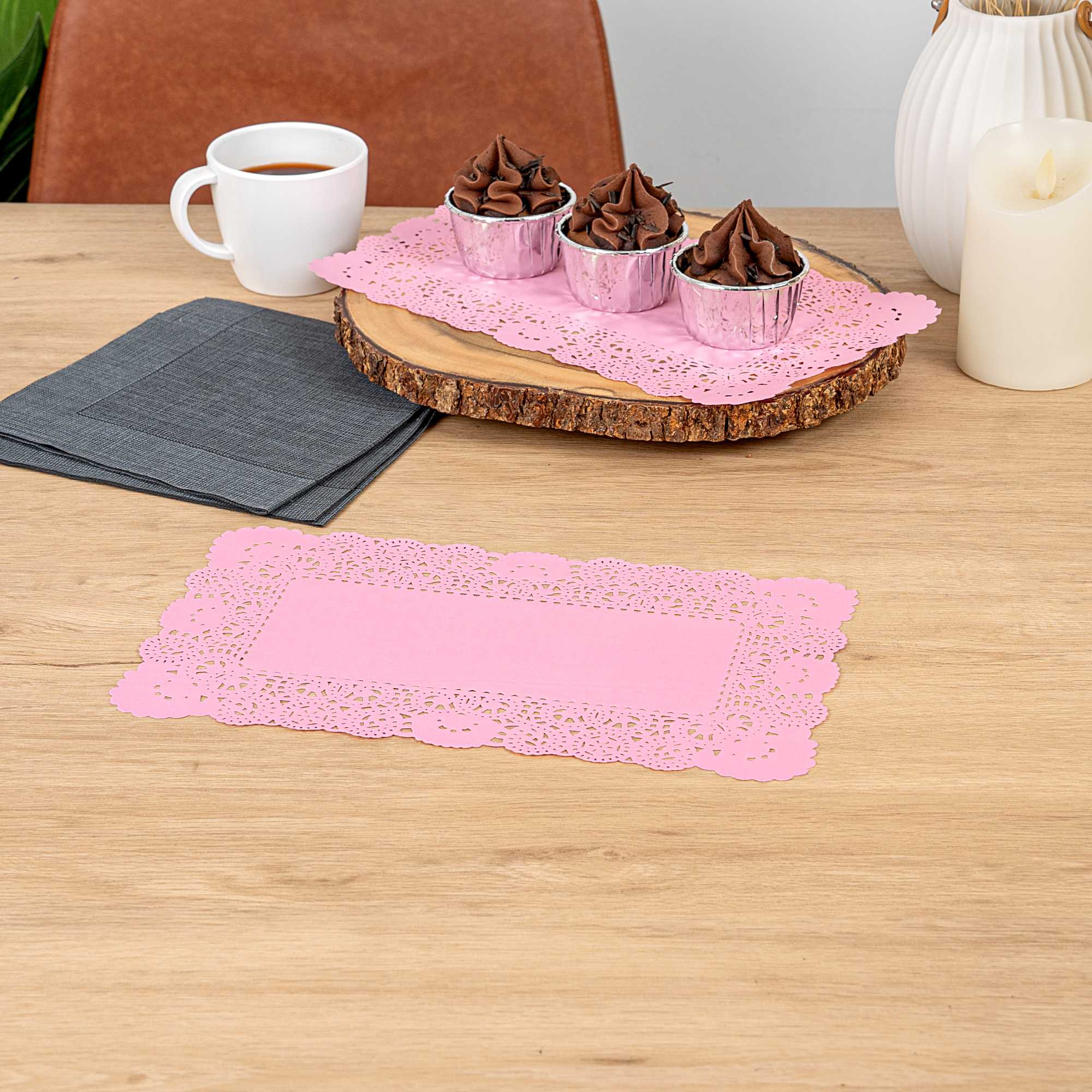 Pastry Tek Rectangle Pink Paper Doilies - Lace - 12" x 7" - 4000 count box