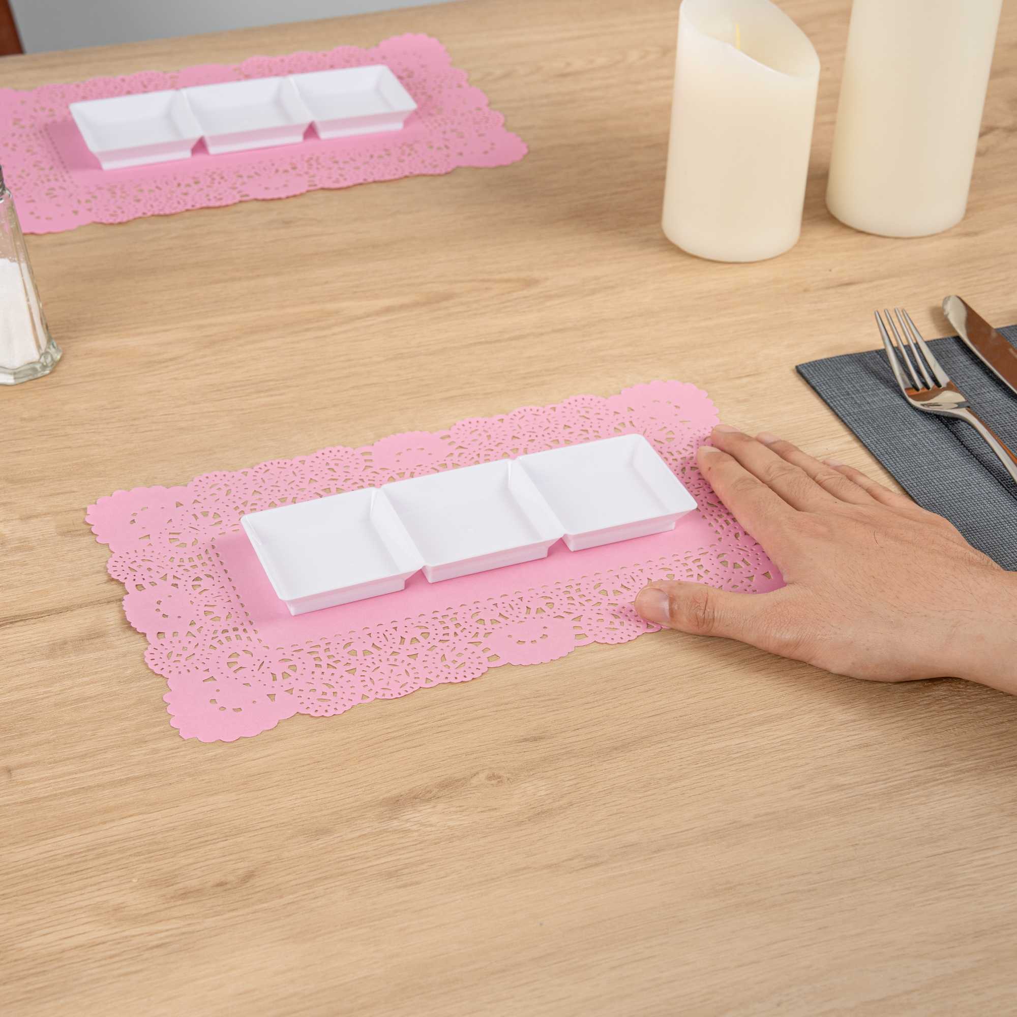 Pastry Tek Rectangle Pink Paper Doilies - Lace - 12" x 7" - 4000 count box