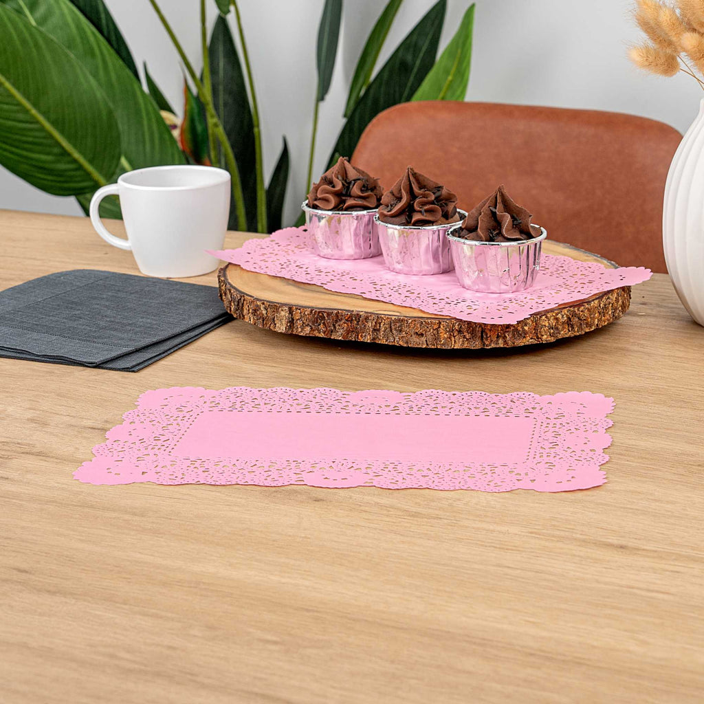 Pastry Tek Rectangle Pink Paper Doilies - Lace - 12" x 7" - 4000 count box