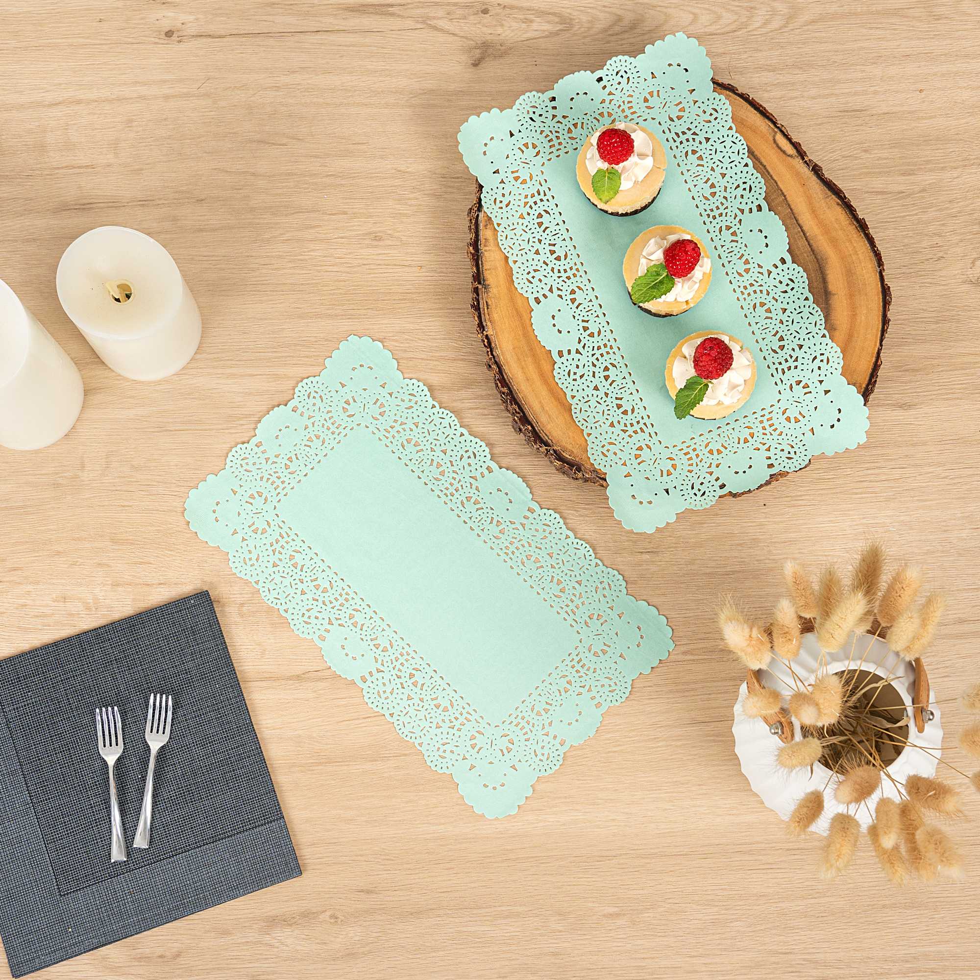Pastry Tek Rectangle Teal Paper Doilies - Lace - 12" x 7" - 4000 count box
