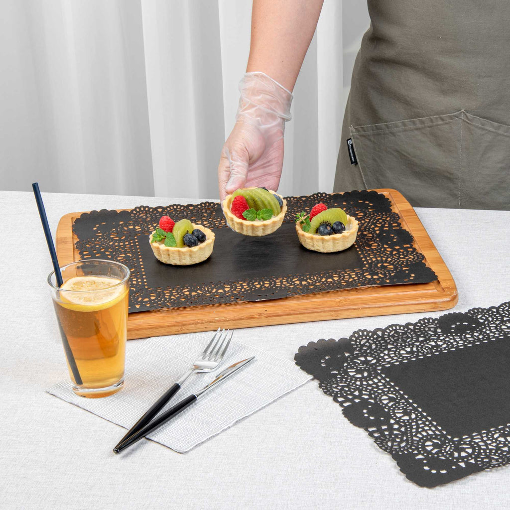Pastry Tek Rectangle Black Paper Doilies - Lace - 15 3/4" x 12" - 4000 count box