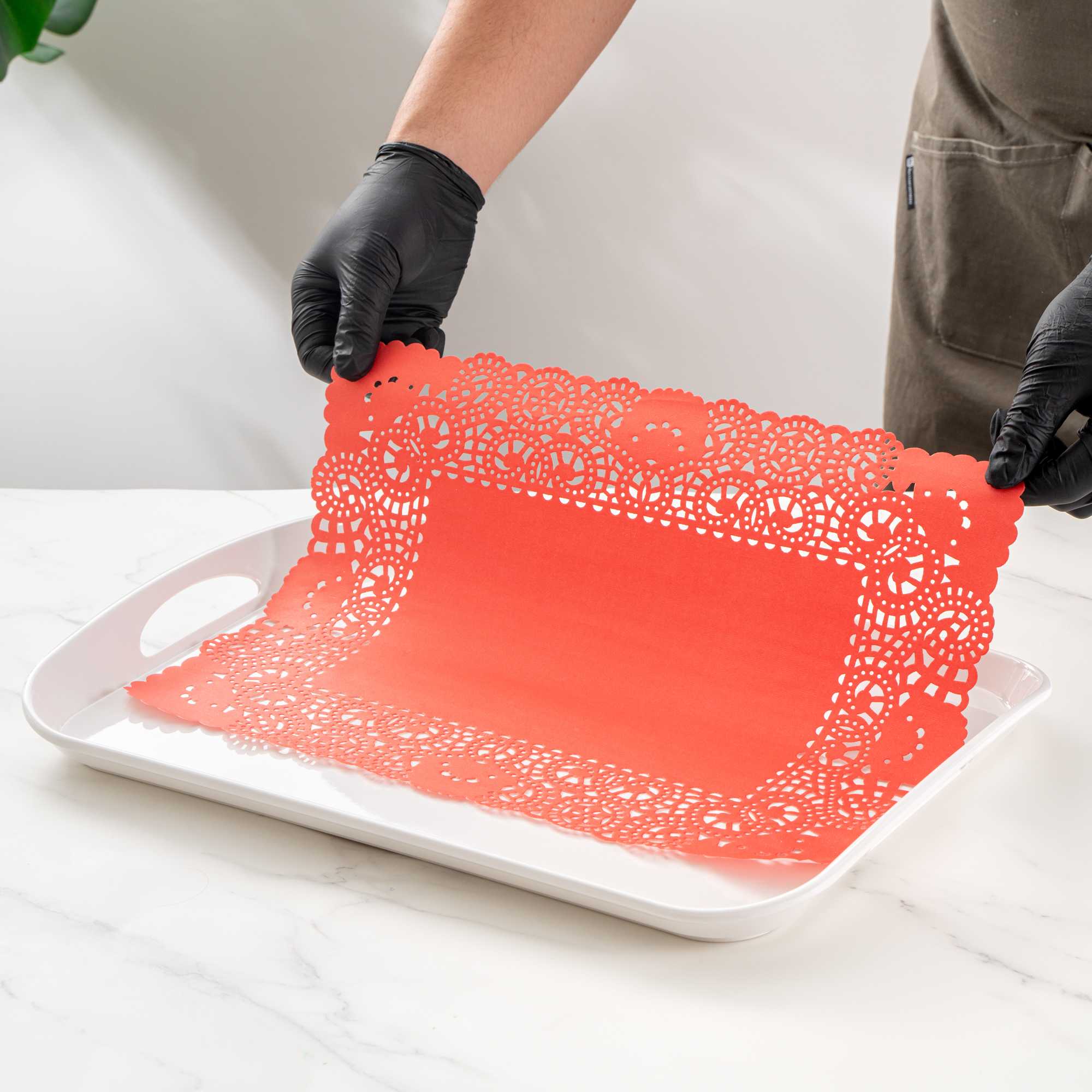 Pastry Tek Rectangle Red Paper Doilies - Lace - 15 3/4" x 12" - 4000 count box