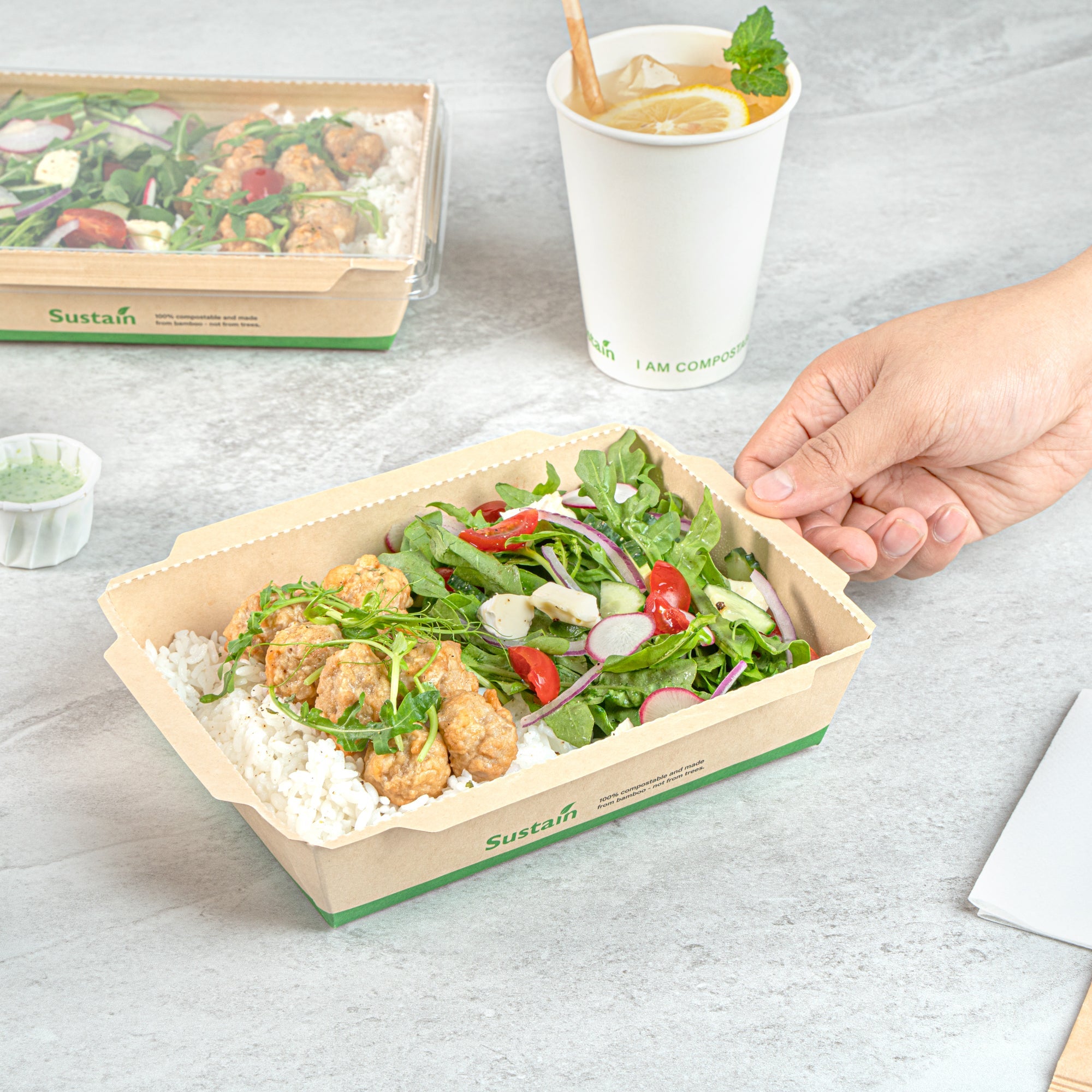 Sustain 34 oz Bamboo Paper Medium Click Lock Container - with PLA Lining, Compostable - 7 1/2" x 5 1/2" x 1 3/4" - 200 count box