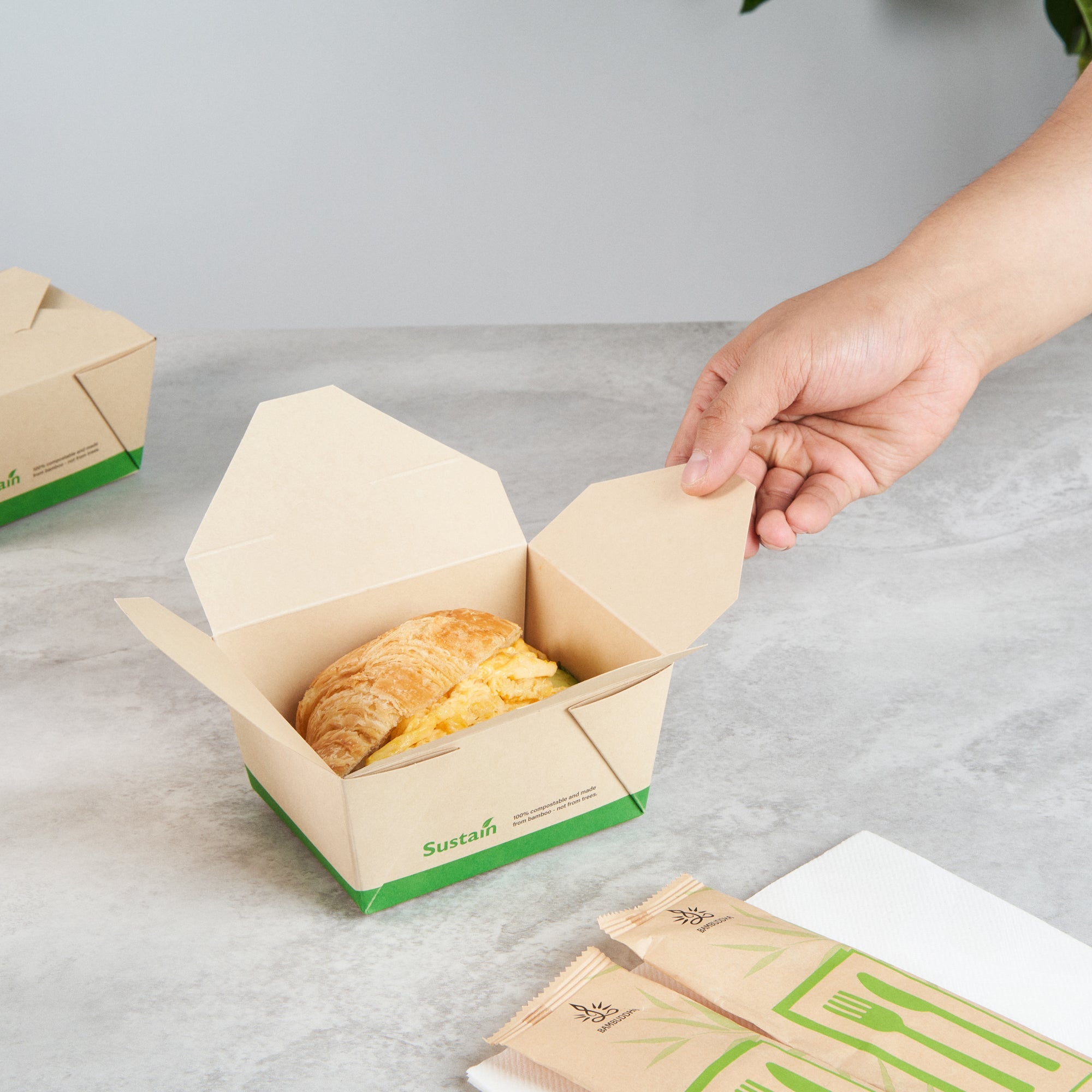 Sustain 30 oz Rectangle Bamboo Paper #1 Bio Box Take Out Container - with PLA Lining, Compostable - 5" x 4" x 2 1/2" - 200 count box