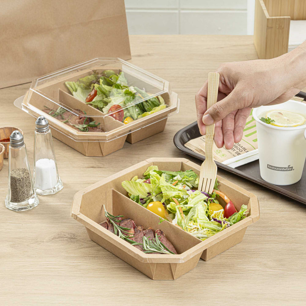 Sustain 41 oz Octagonal Kraft Paper Take Out Container - 2 Compartments, PLA Lining, Compostable - 7 3/4" x 7 3/4" x 2" - 100 count box